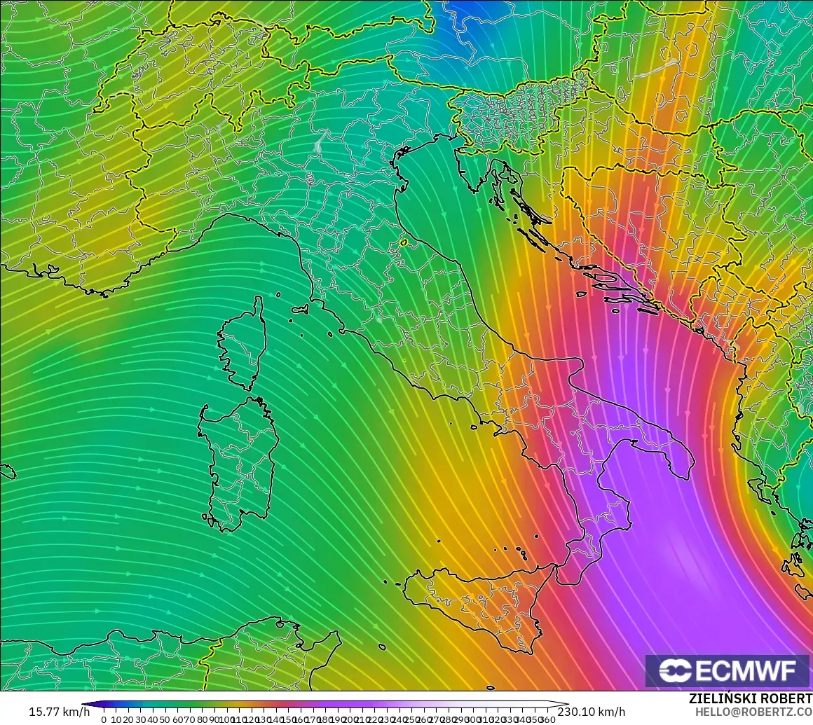 ECMWF IFS 0.25° model - Italy, Wind at 300hPa (jet stream)
