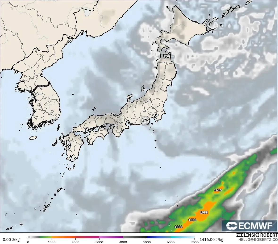 ECMWF IFS 0.25° model - Japan, CAPE