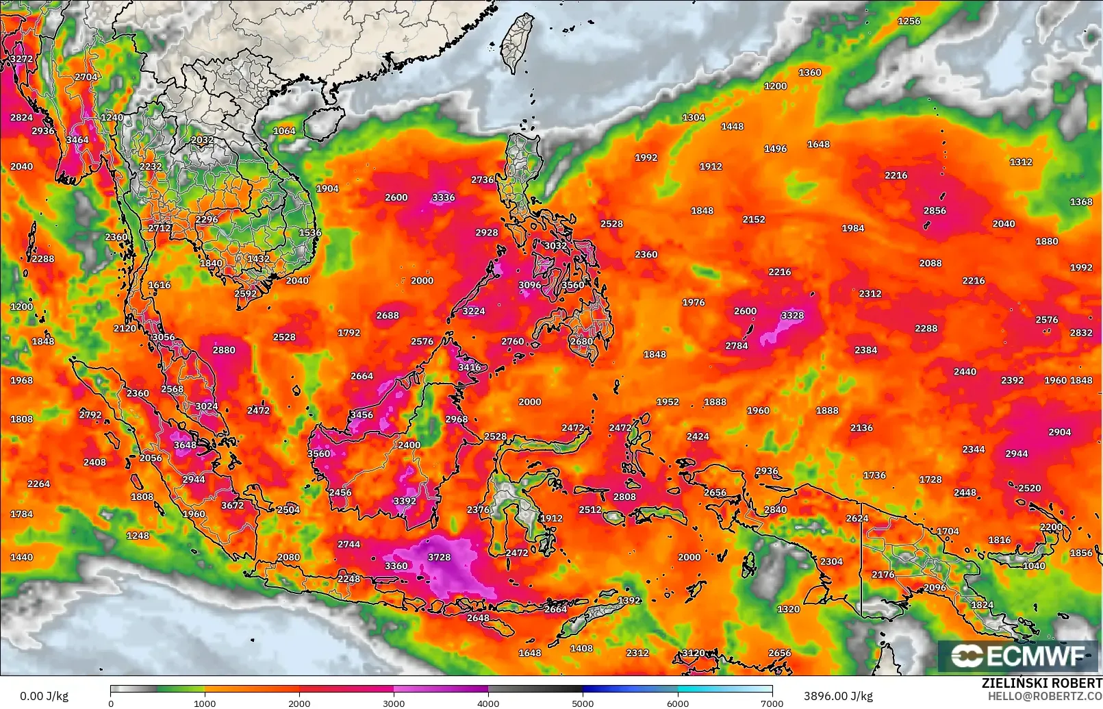 ECMWF IFS 0.25° model - South East Asia, CAPE