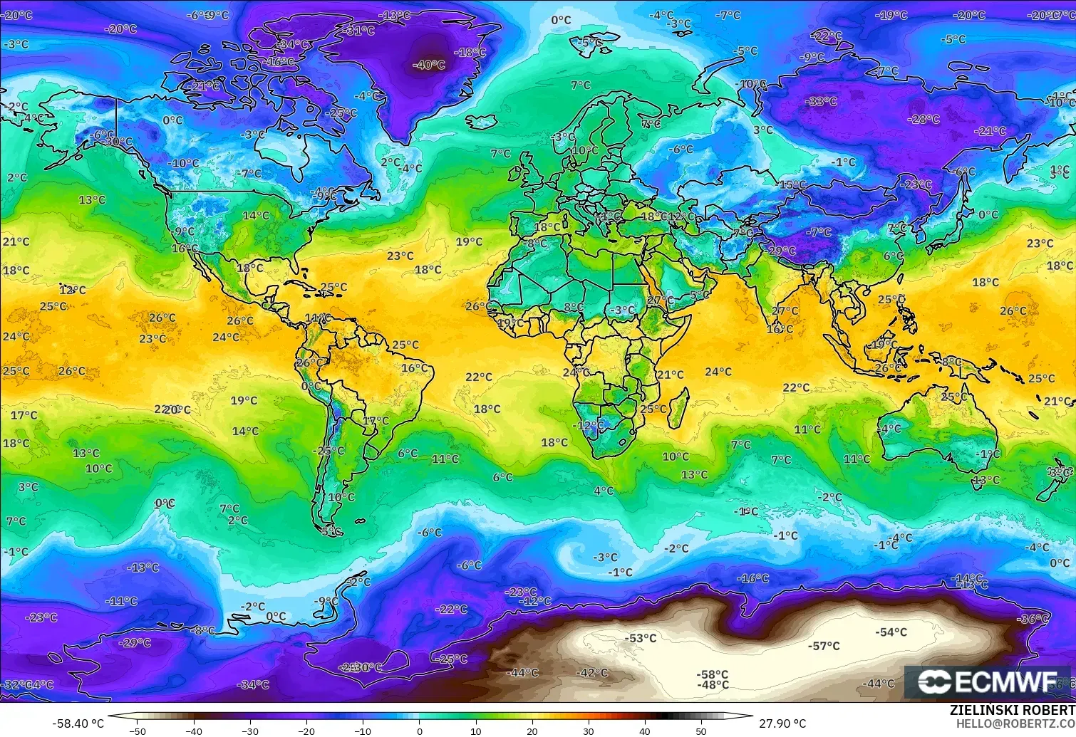 ECMWF IFS 0.25° model - World, Dewpoint at 2m