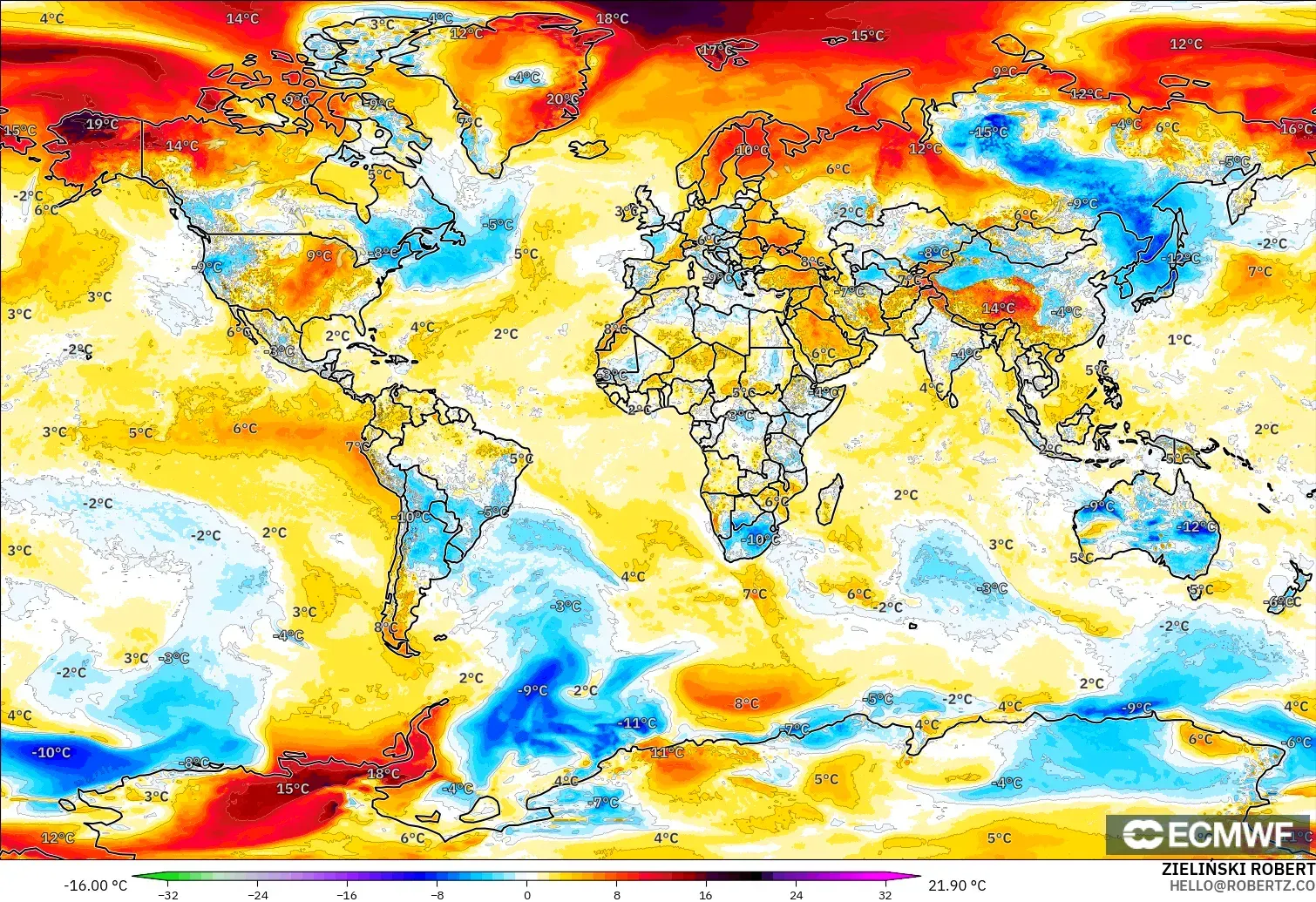 ECMWF IFS 0.25° model - World, Temperature at 2m Anomaly