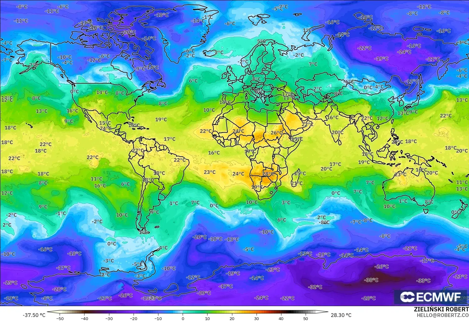 ECMWF IFS 0.25° model - World, Temperature at 850hPa