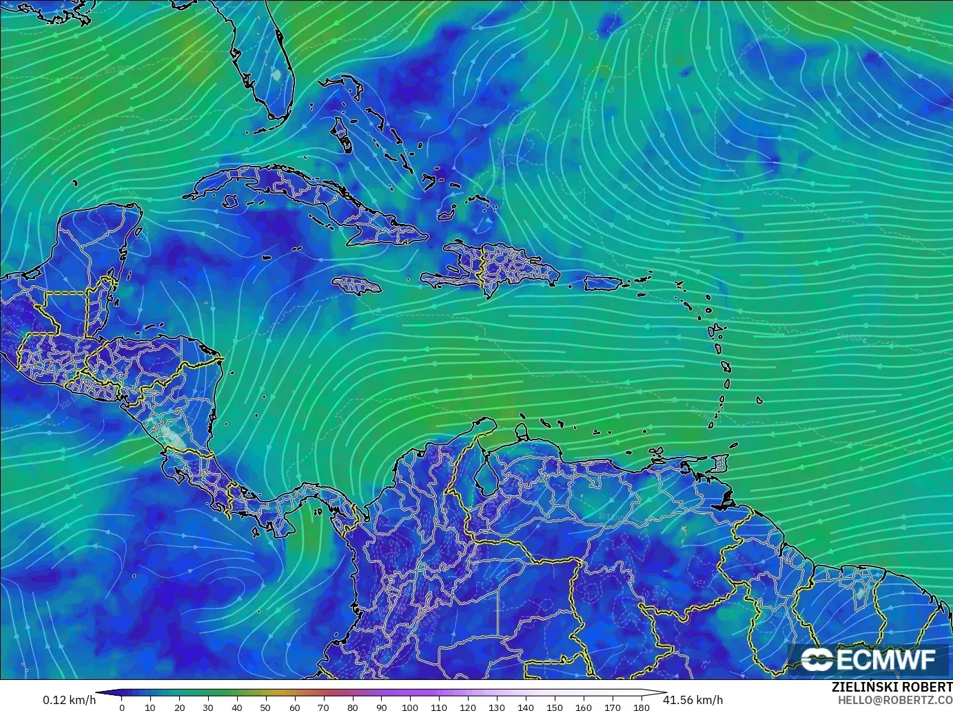 ECMWF IFS 0.25° model - Caribbean, Wind at 10m