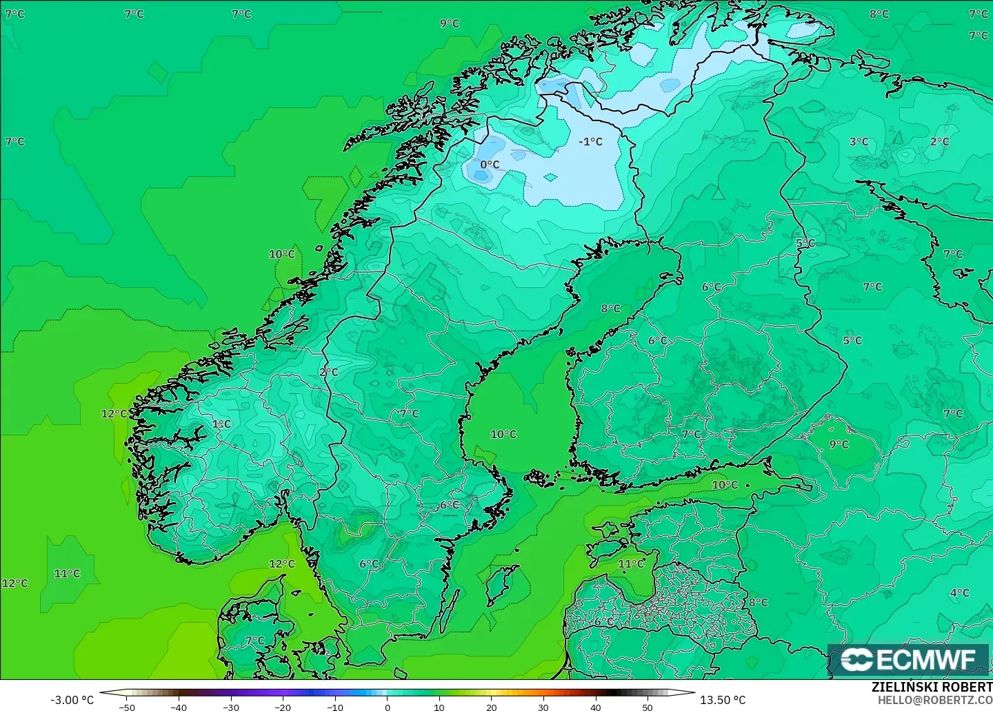 ECMWF IFS 0.25° model - Scandinavia, Temperature at 2m