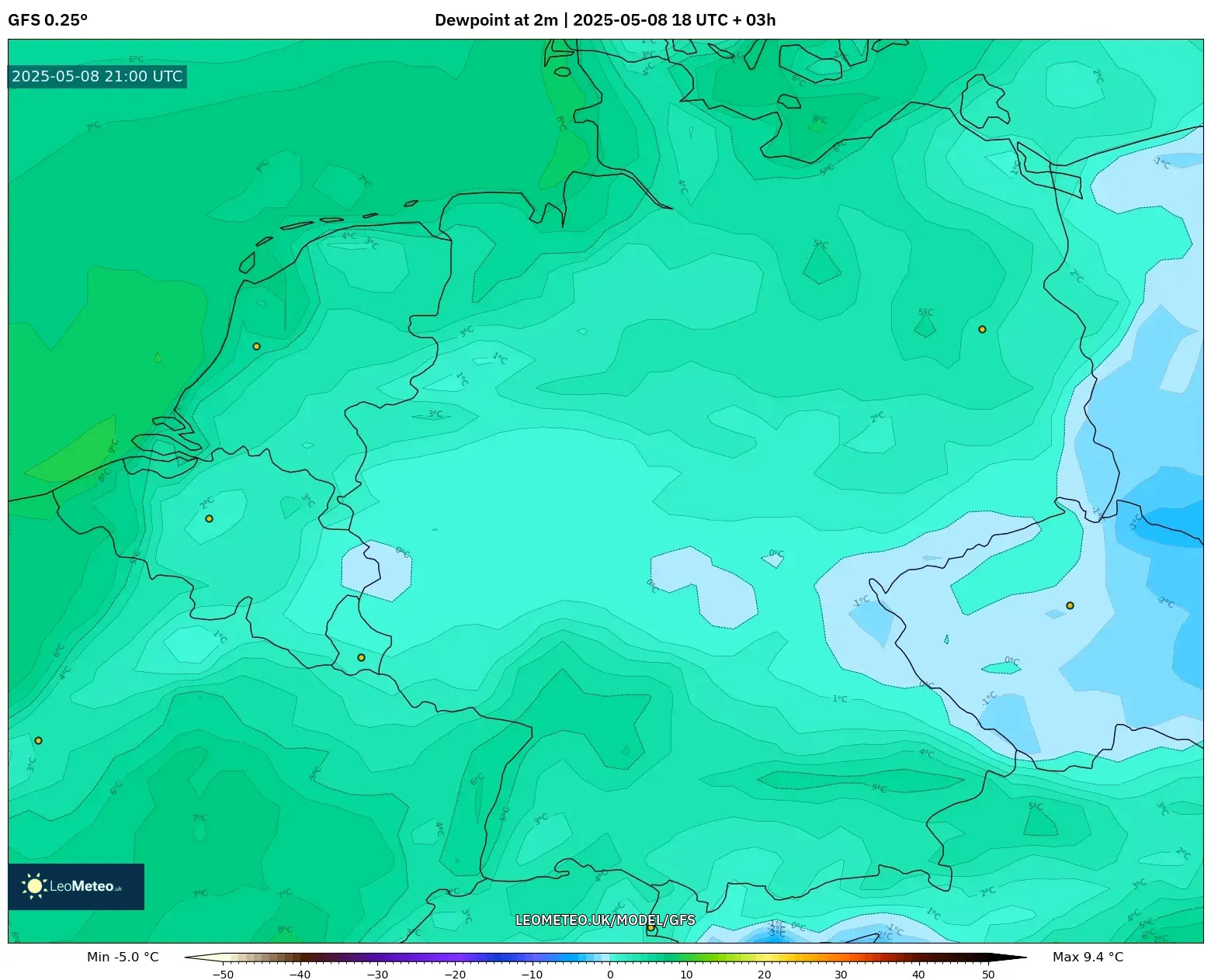 GFS - Germany, Dewpoint at 2m GFS - Germany, Dewpoint at 2m