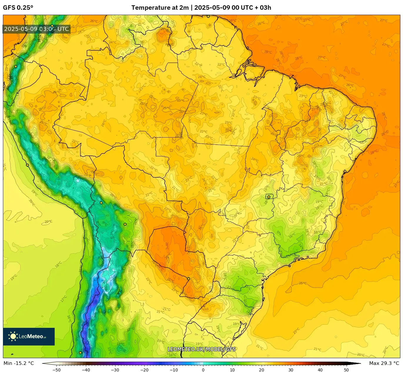 GFS - Brazil, Temperature at 2m GFS - Brazil, Temperature at 2m