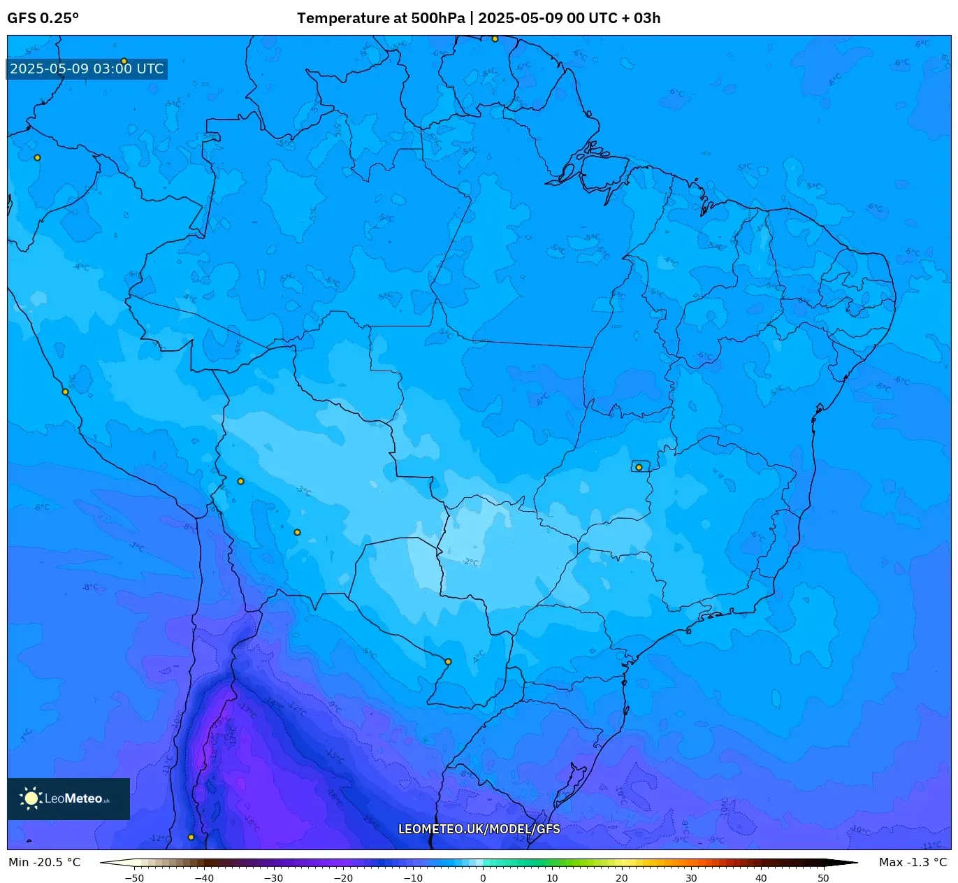 GFS - Brazil, Temperature at 500hPa GFS - Brazil, Temperature at 500hPa