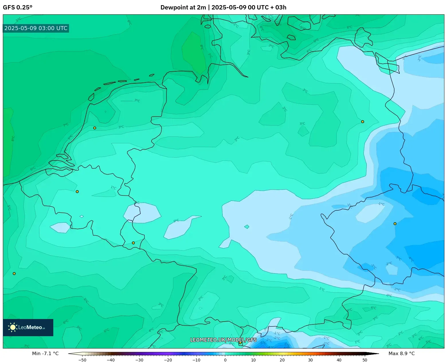 GFS - Germany, Dewpoint at 2m GFS - Germany, Dewpoint at 2m