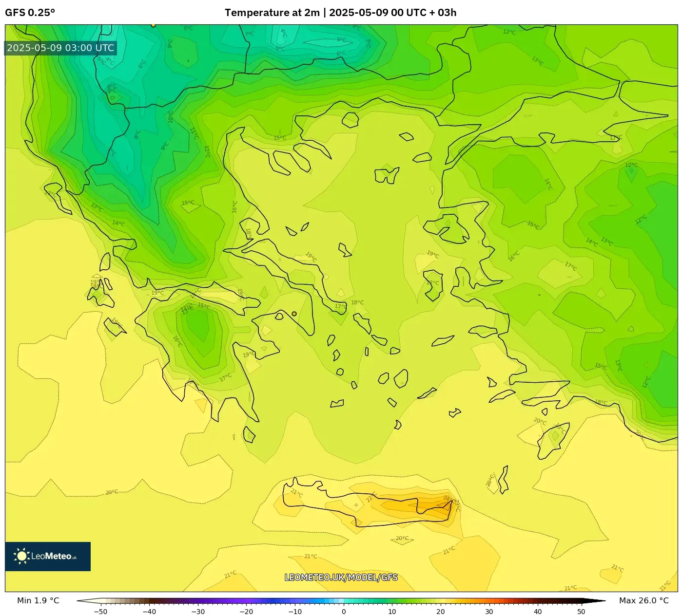 GFS - Greece, Temperature at 2m GFS - Greece, Temperature at 2m
