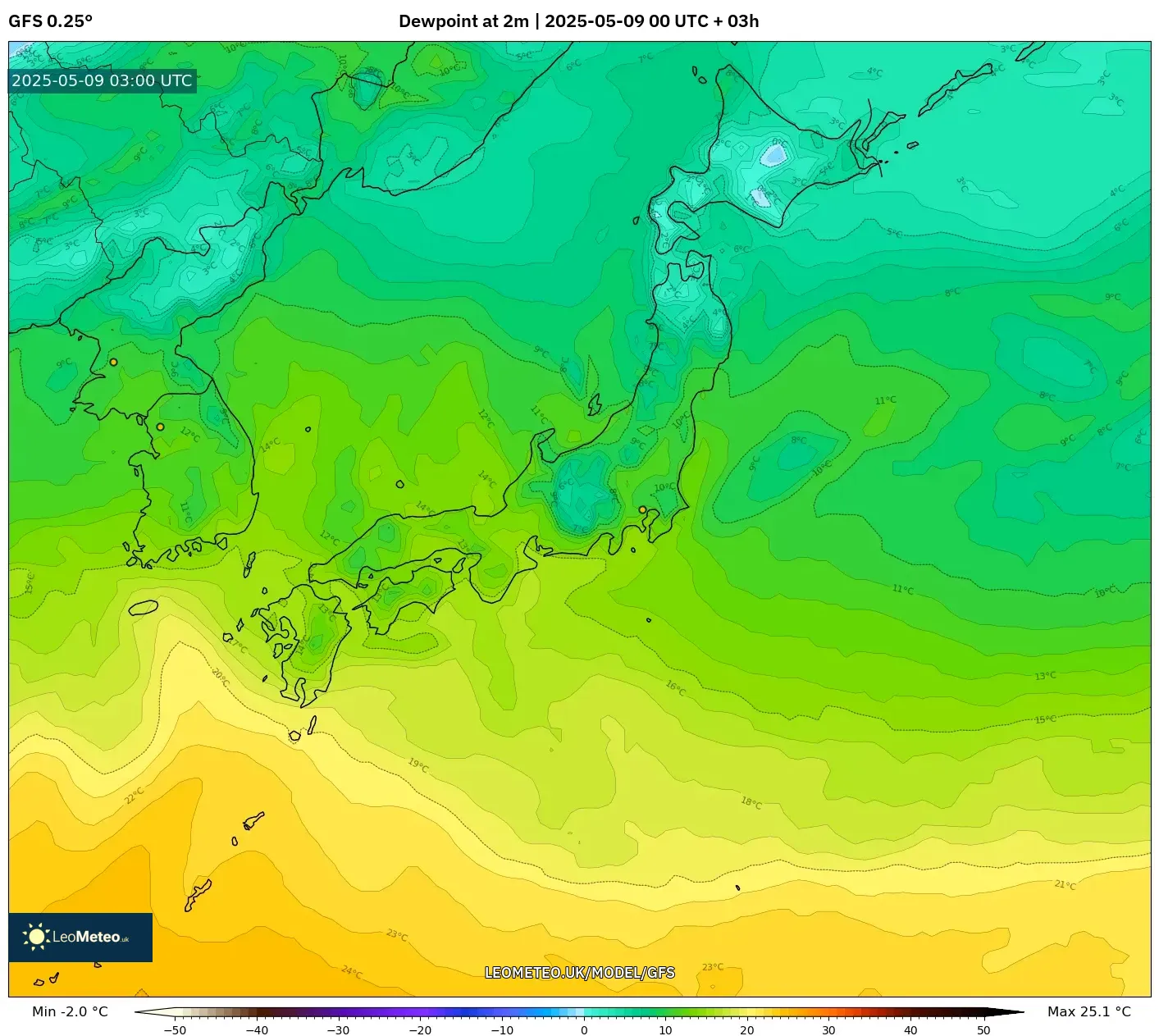 GFS - Japan, Dewpoint at 2m GFS - Japan, Dewpoint at 2m