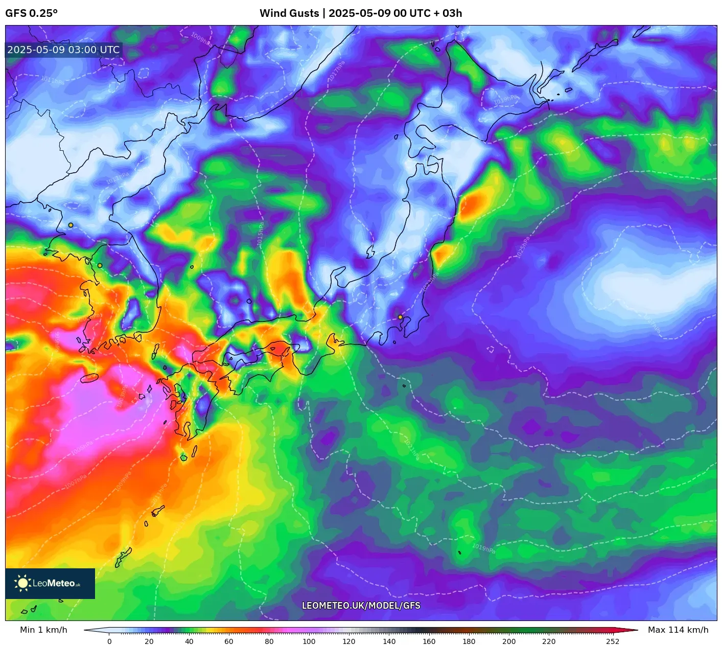 GFS - Japan, Wind Gusts GFS - Japan, Wind Gusts