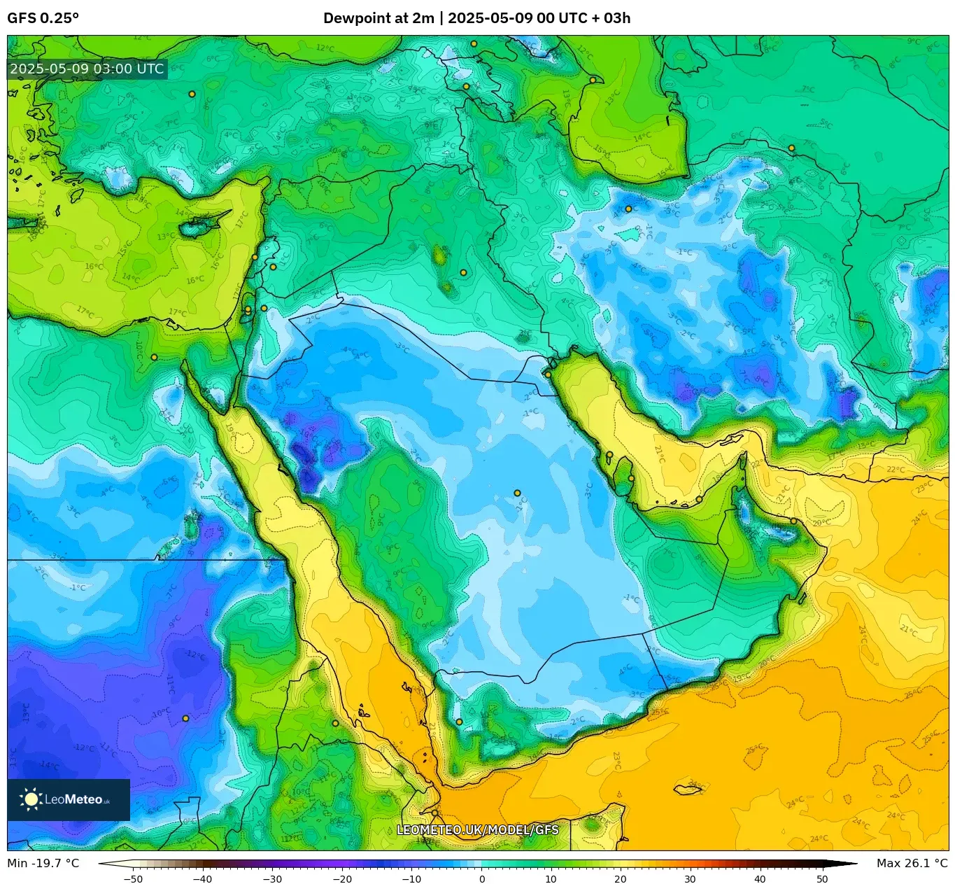GFS - Middle East, Dewpoint at 2m GFS - Middle East, Dewpoint at 2m
