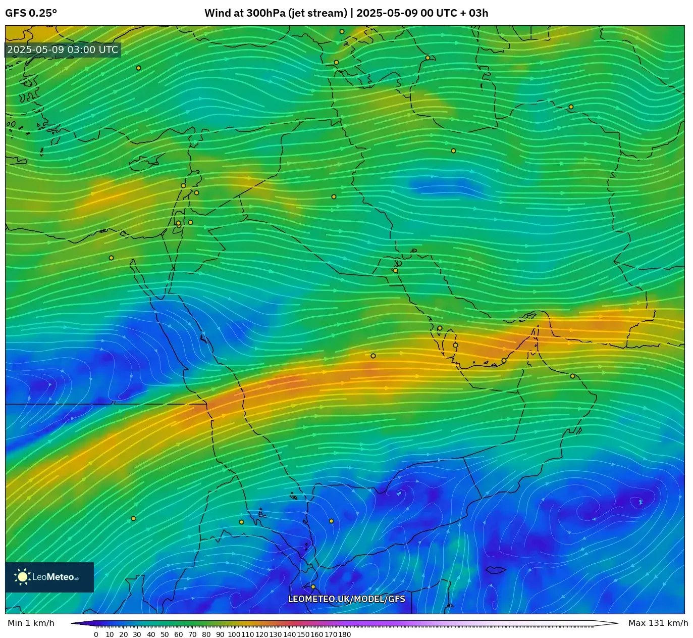 GFS - Middle East, Wind at 300hPa (jet stream) GFS - Middle East, Wind at 300hPa (jet stream)
