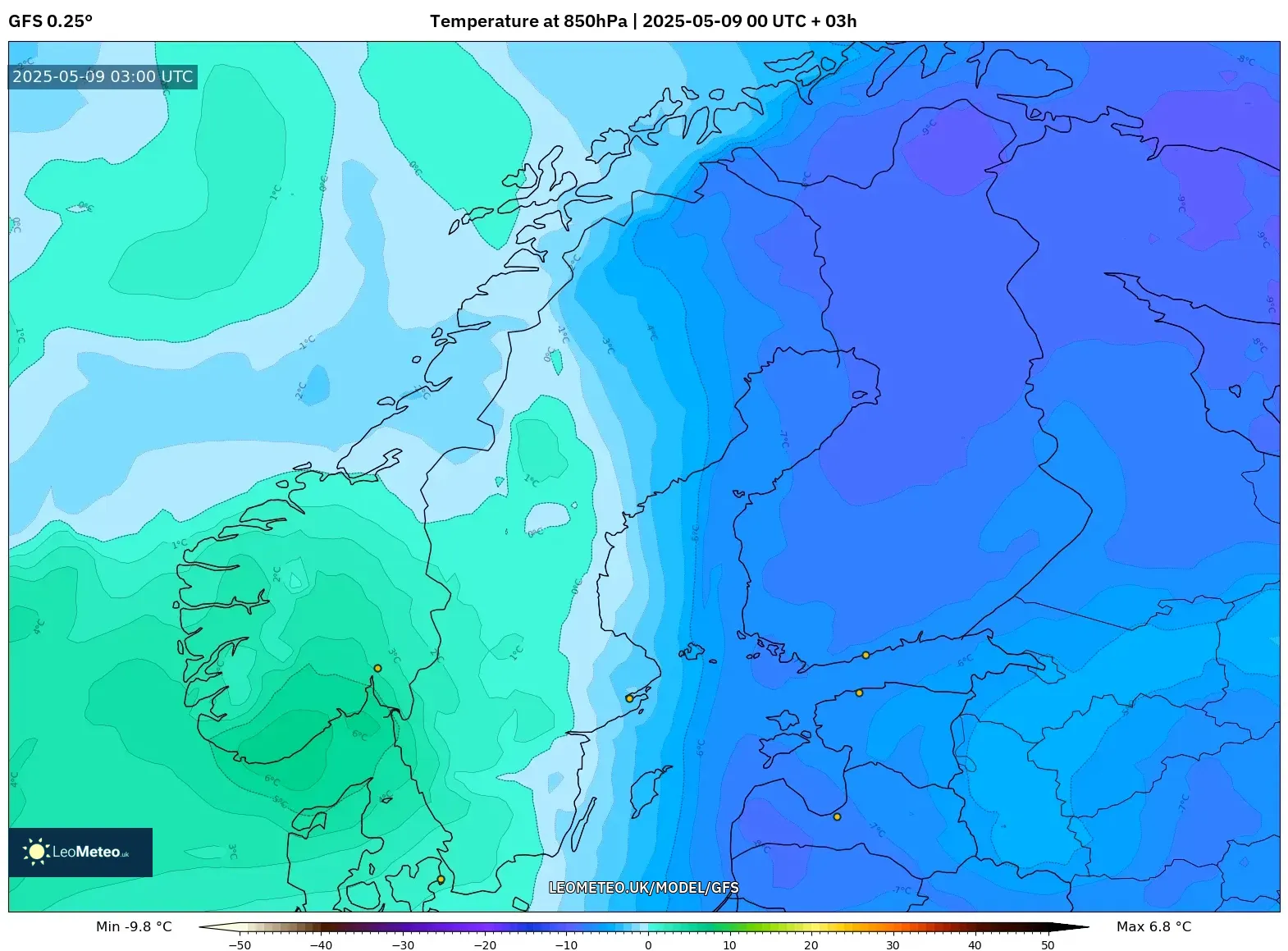GFS - Scandinavia, Temperature at 850hPa GFS - Scandinavia, Temperature at 850hPa