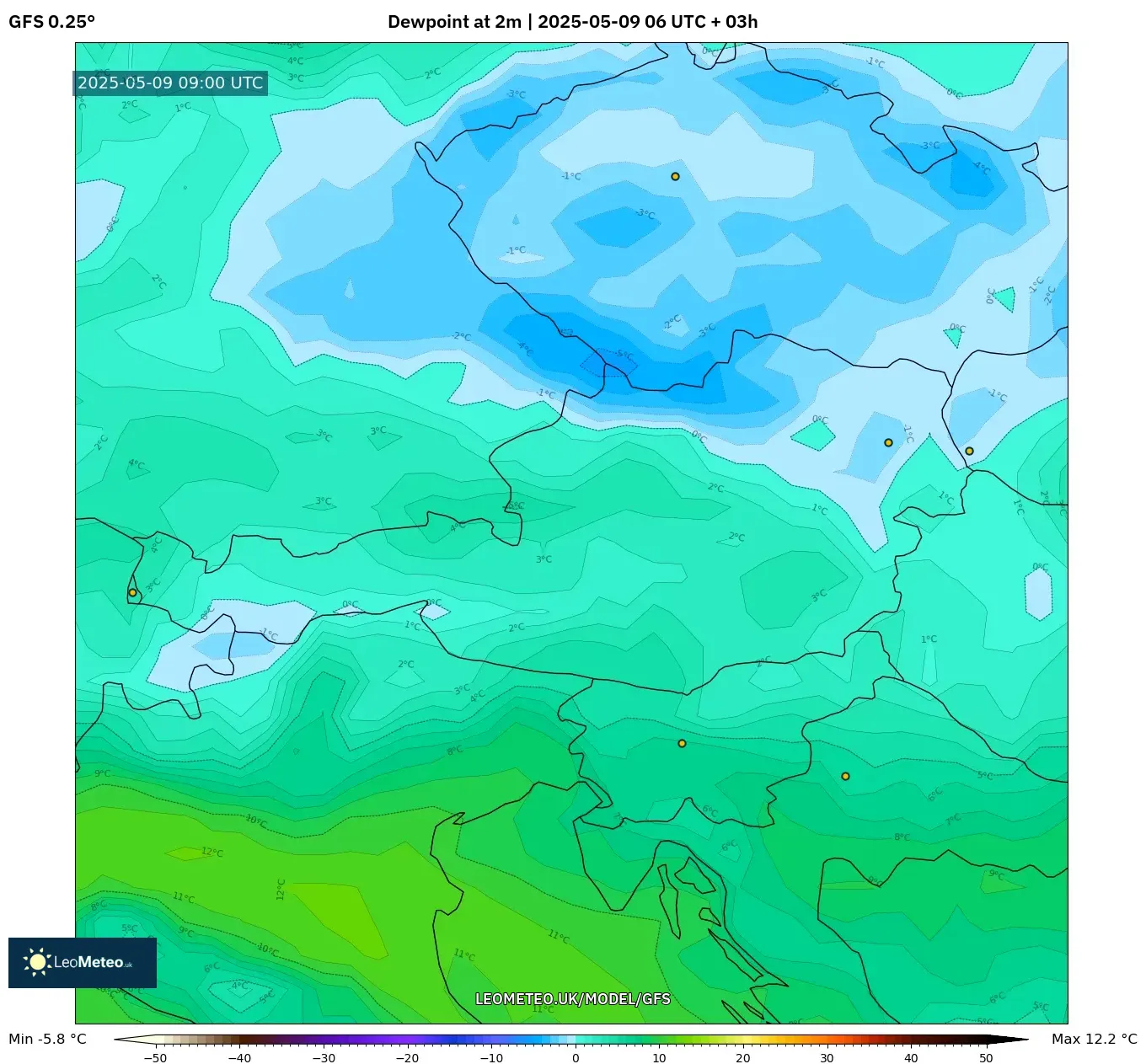 GFS - Austria, Dewpoint at 2m GFS - Austria, Dewpoint at 2m