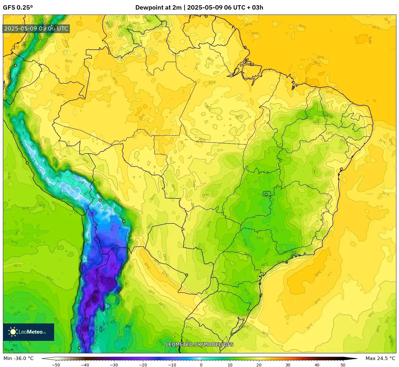 GFS - Brazil, Dewpoint at 2m GFS - Brazil, Dewpoint at 2m