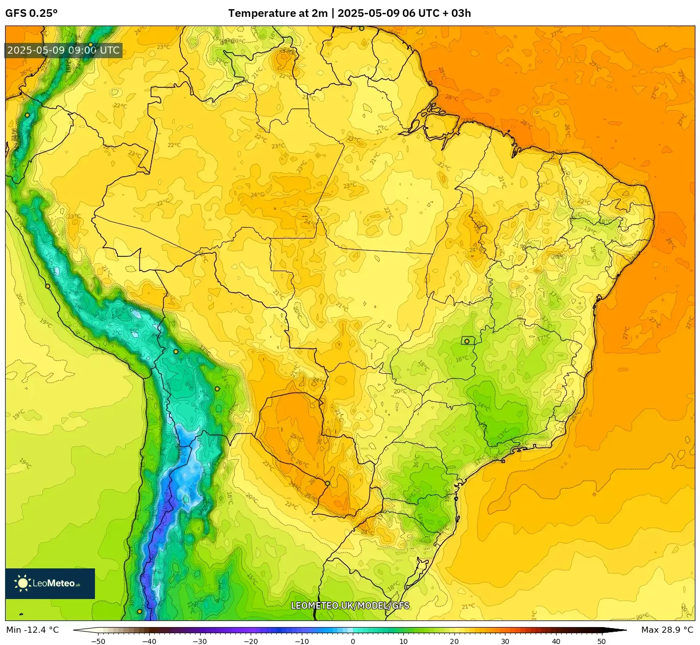 GFS - Brazil, Temperature at 2m GFS - Brazil, Temperature at 2m