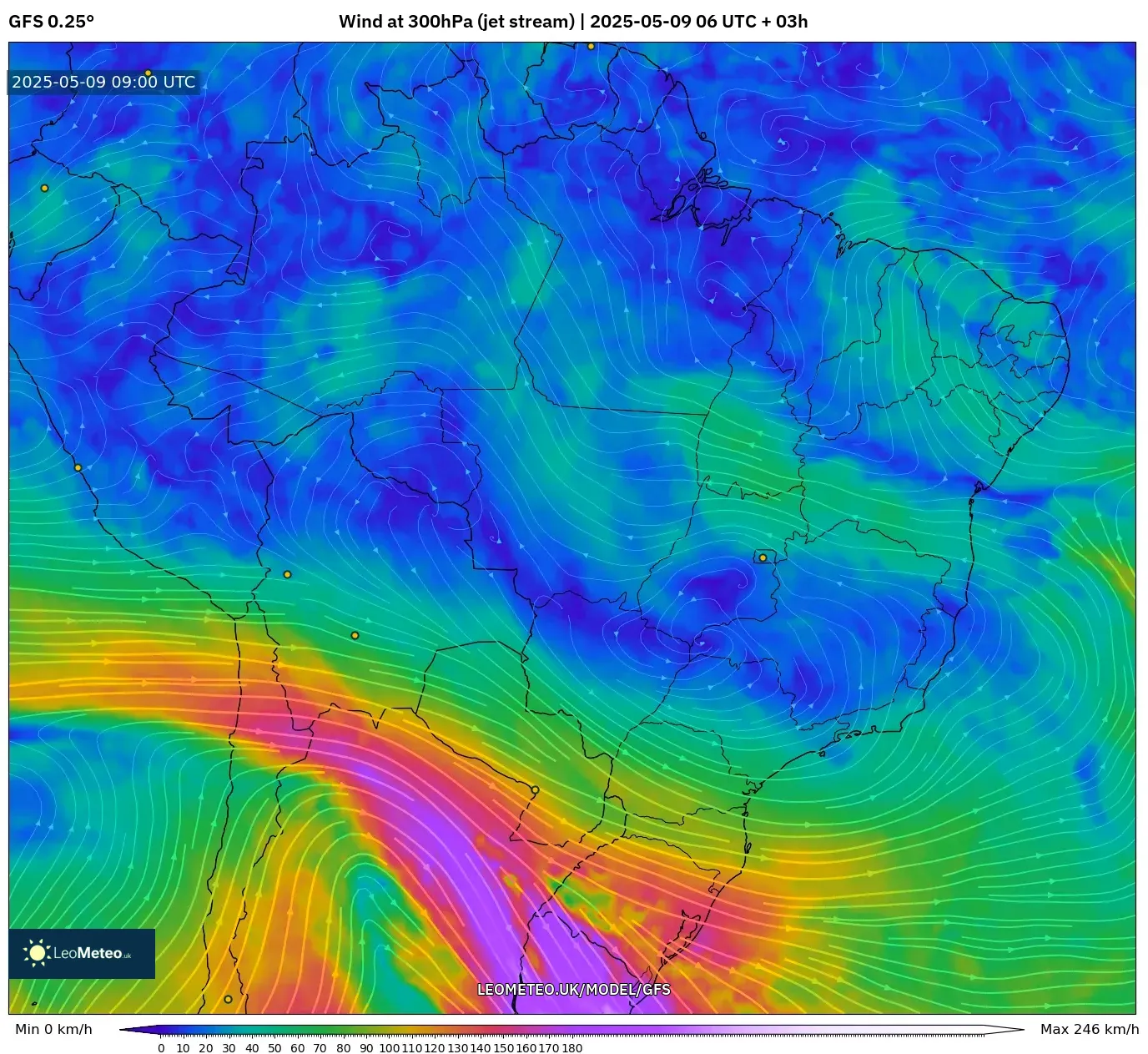 GFS - Brazil, Wind at 300hPa (jet stream) GFS - Brazil, Wind at 300hPa (jet stream)