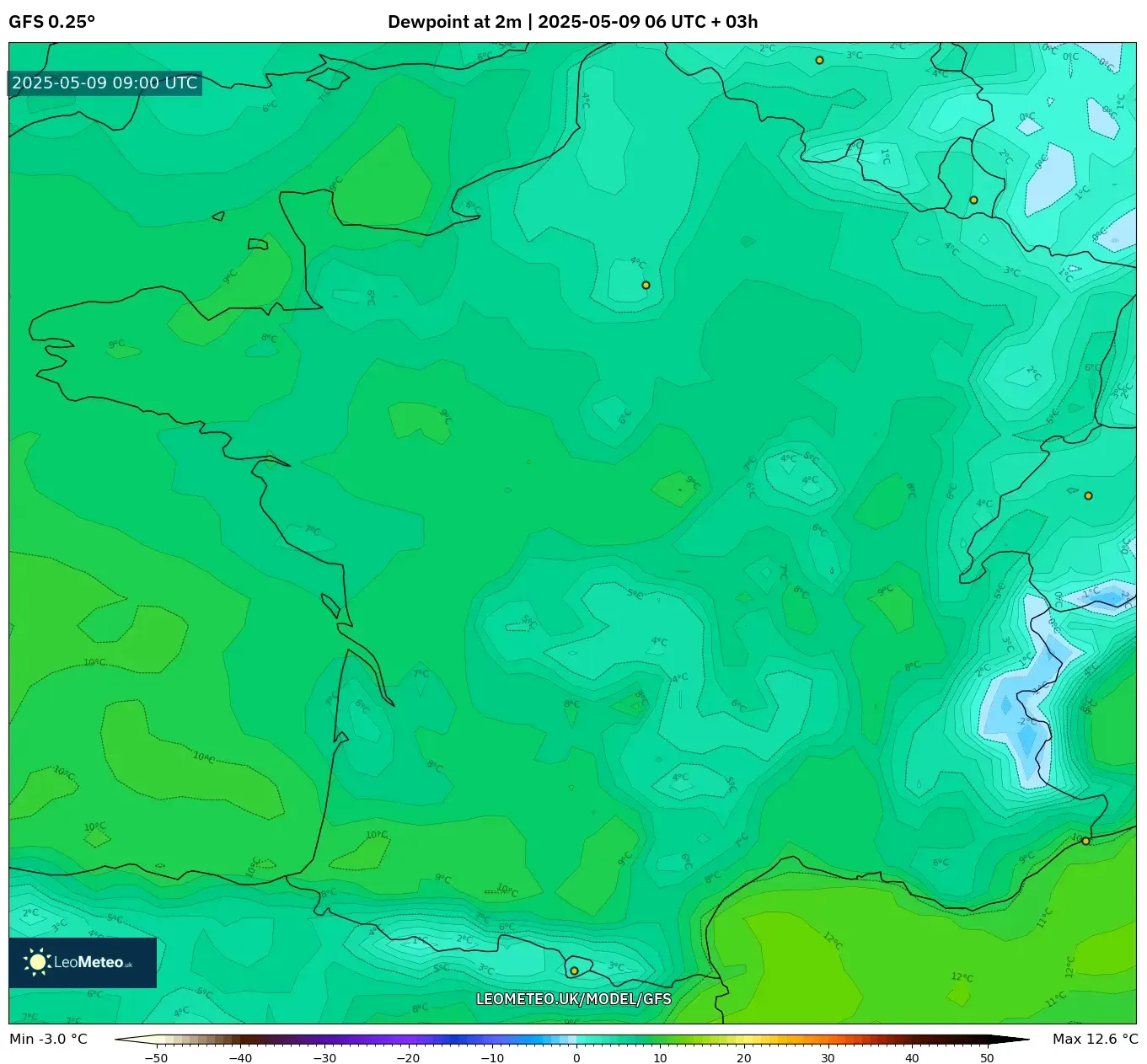GFS - France, Dewpoint at 2m GFS - France, Dewpoint at 2m