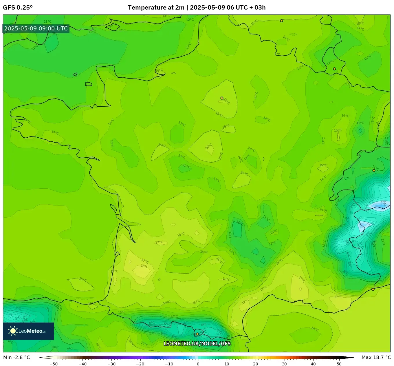 GFS - France, Temperature at 2m GFS - France, Temperature at 2m