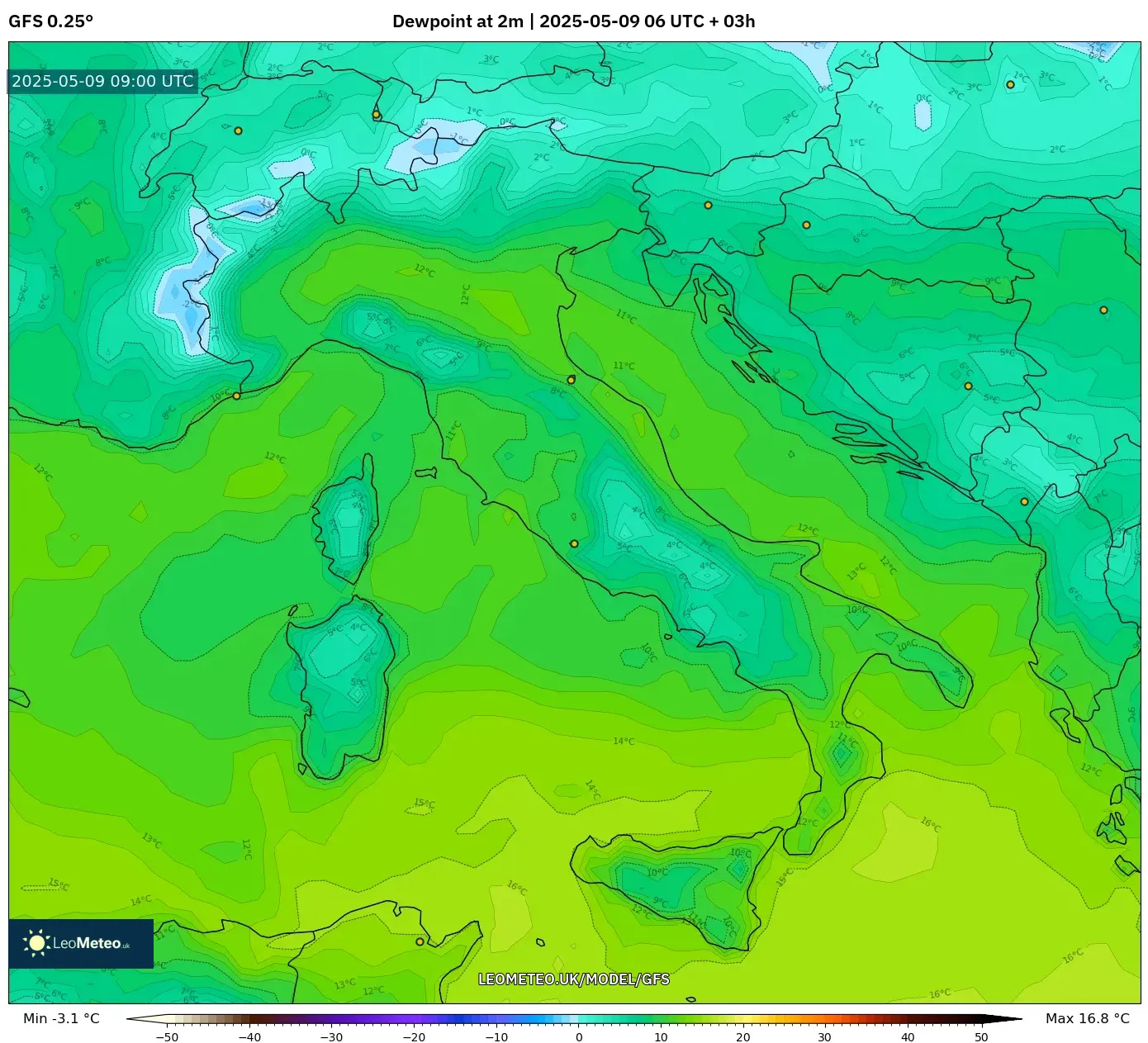 GFS - Italy, Dewpoint at 2m GFS - Italy, Dewpoint at 2m