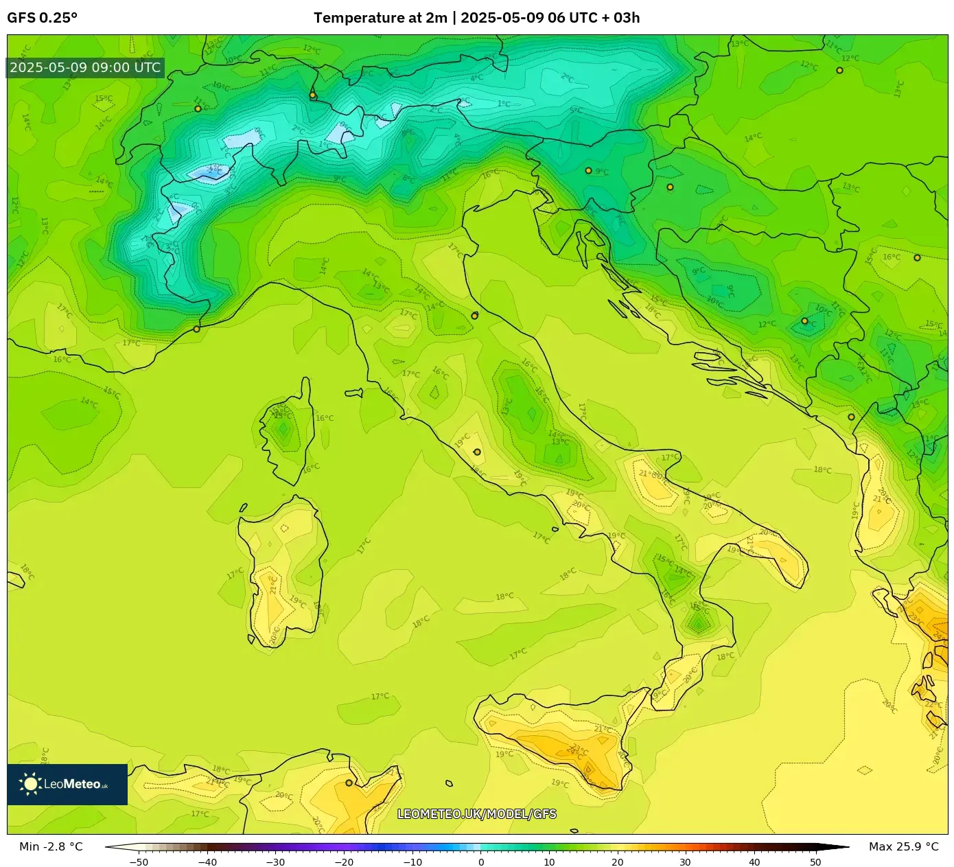 GFS - Italy, Temperature at 2m GFS - Italy, Temperature at 2m