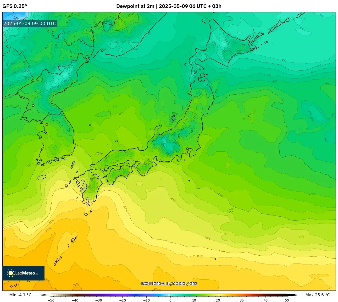 GFS - Japan, Dewpoint at 2m GFS - Japan, Dewpoint at 2m