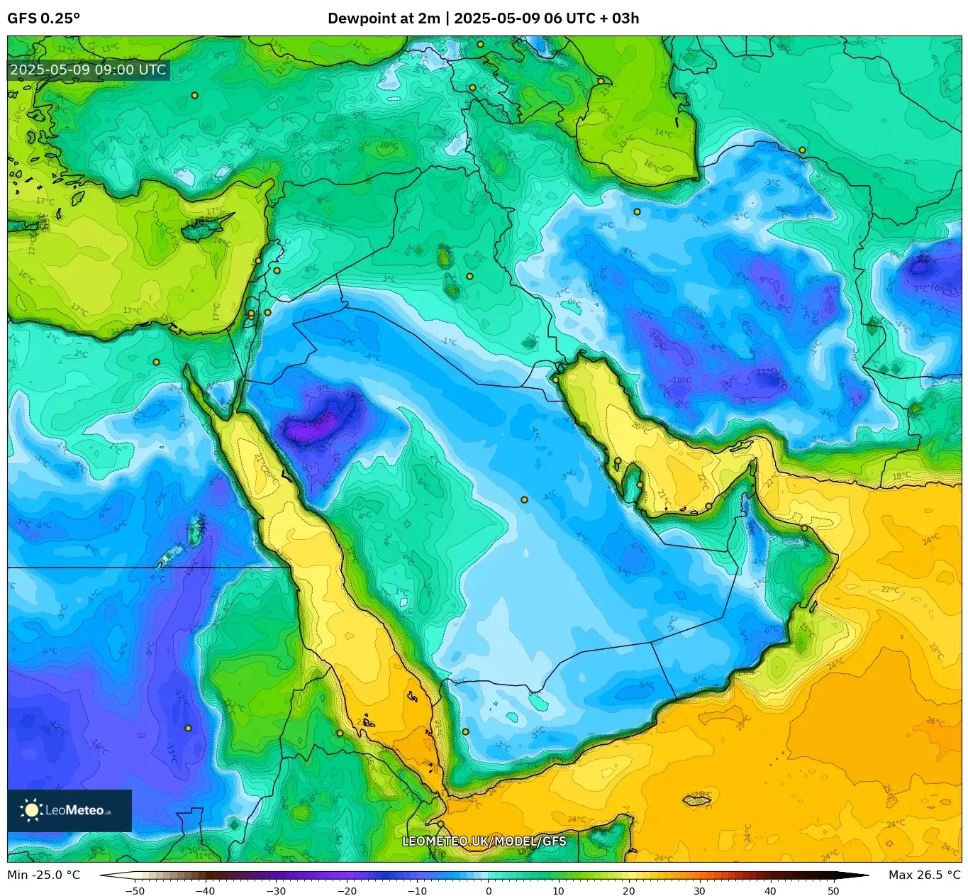 GFS - Middle East, Dewpoint at 2m GFS - Middle East, Dewpoint at 2m