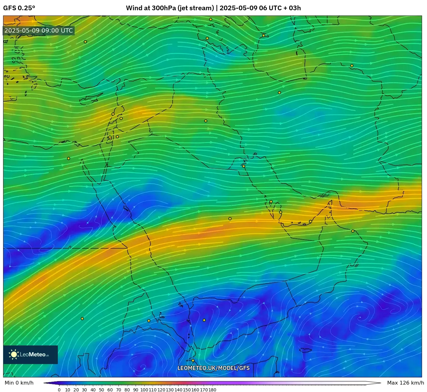 GFS - Middle East, Wind at 300hPa (jet stream) GFS - Middle East, Wind at 300hPa (jet stream)