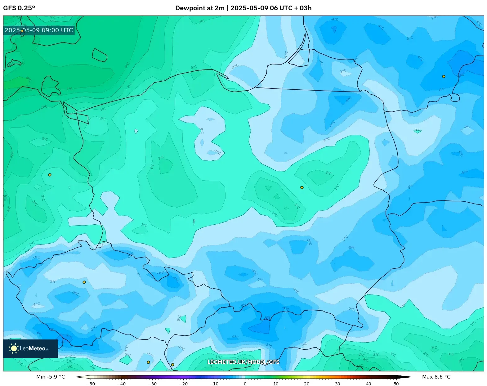 GFS - Poland, Dewpoint at 2m GFS - Poland, Dewpoint at 2m