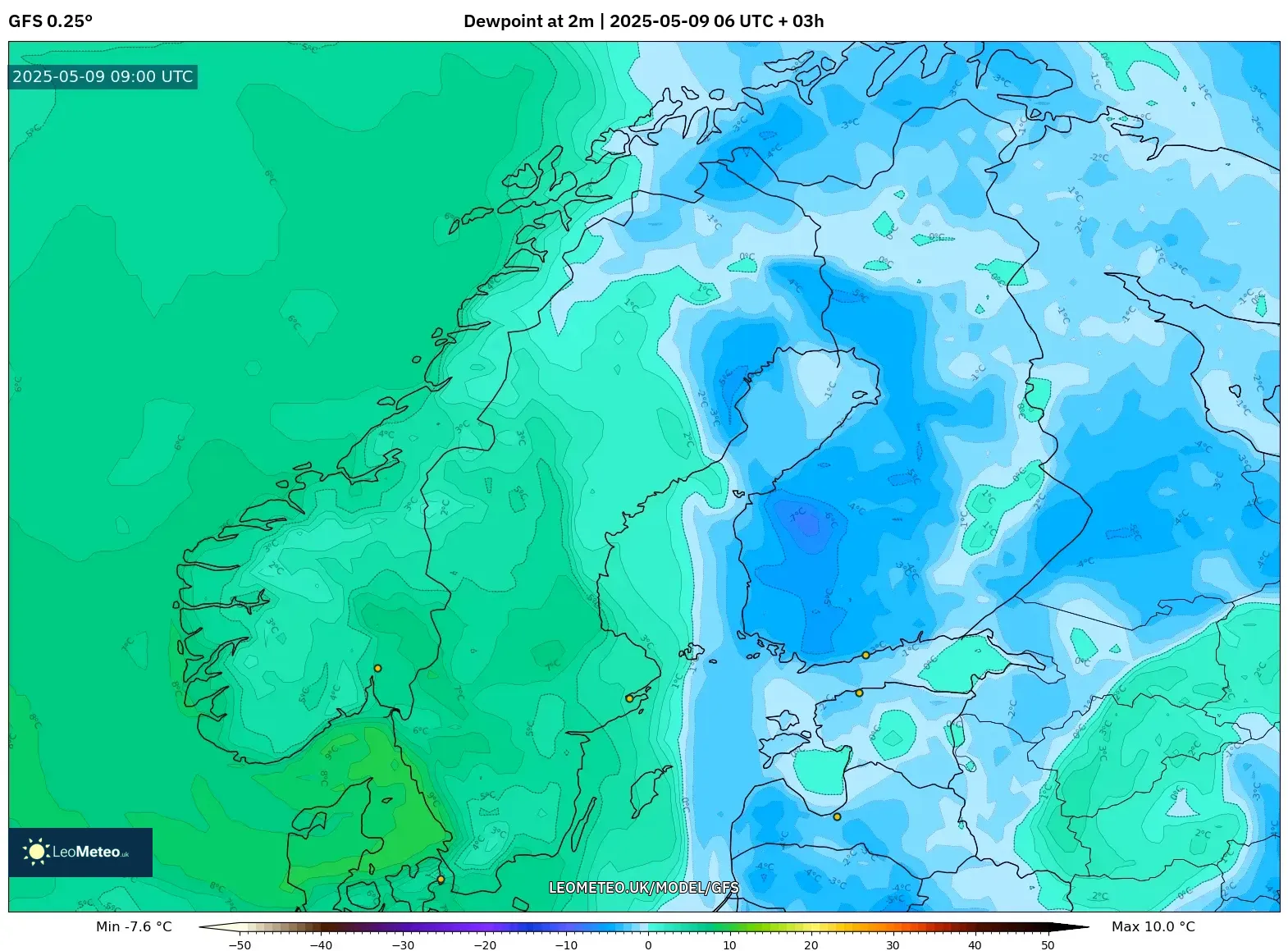 GFS - Scandinavia, Dewpoint at 2m GFS - Scandinavia, Dewpoint at 2m