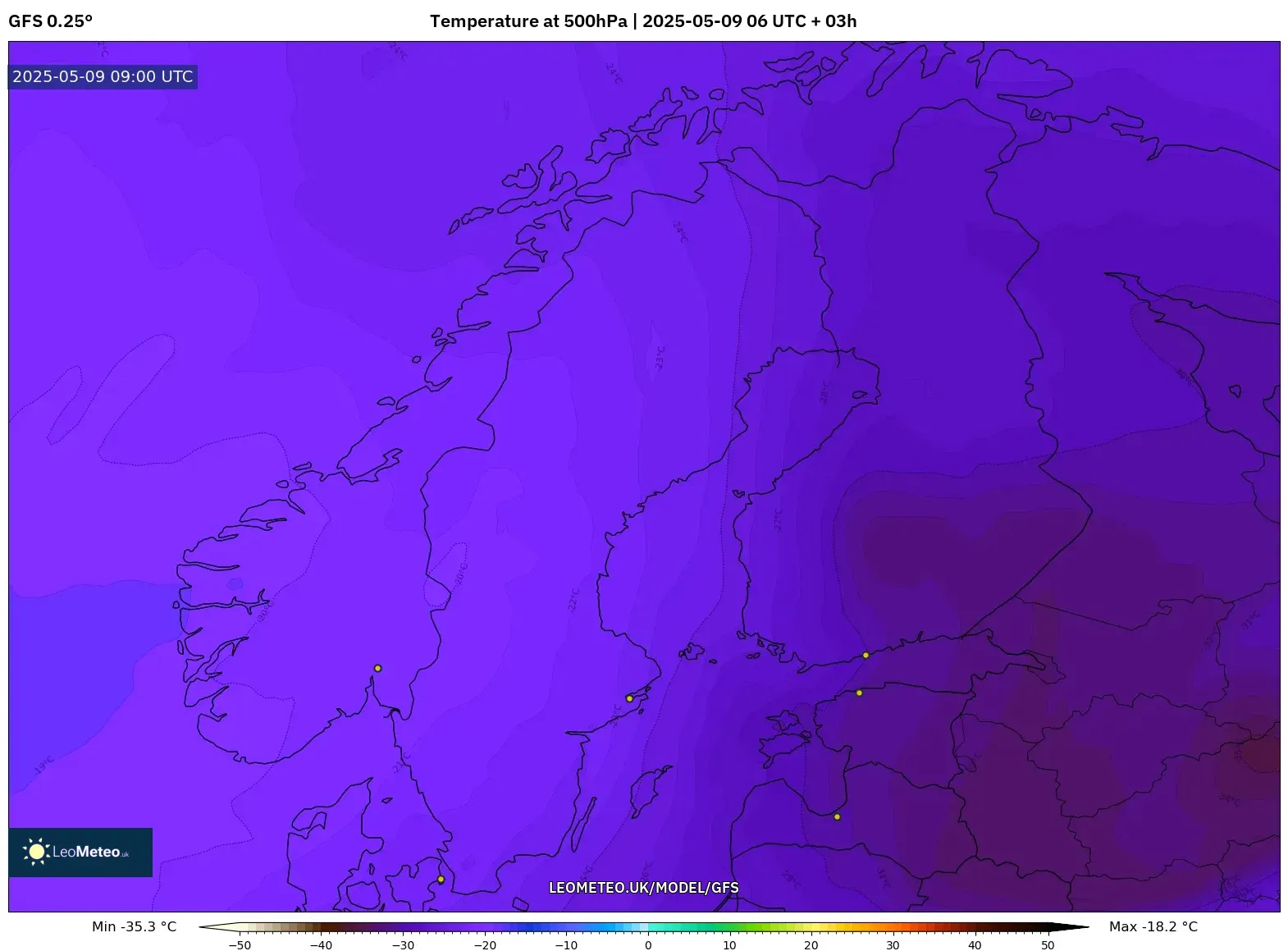 GFS - Scandinavia, Temperature at 500hPa GFS - Scandinavia, Temperature at 500hPa