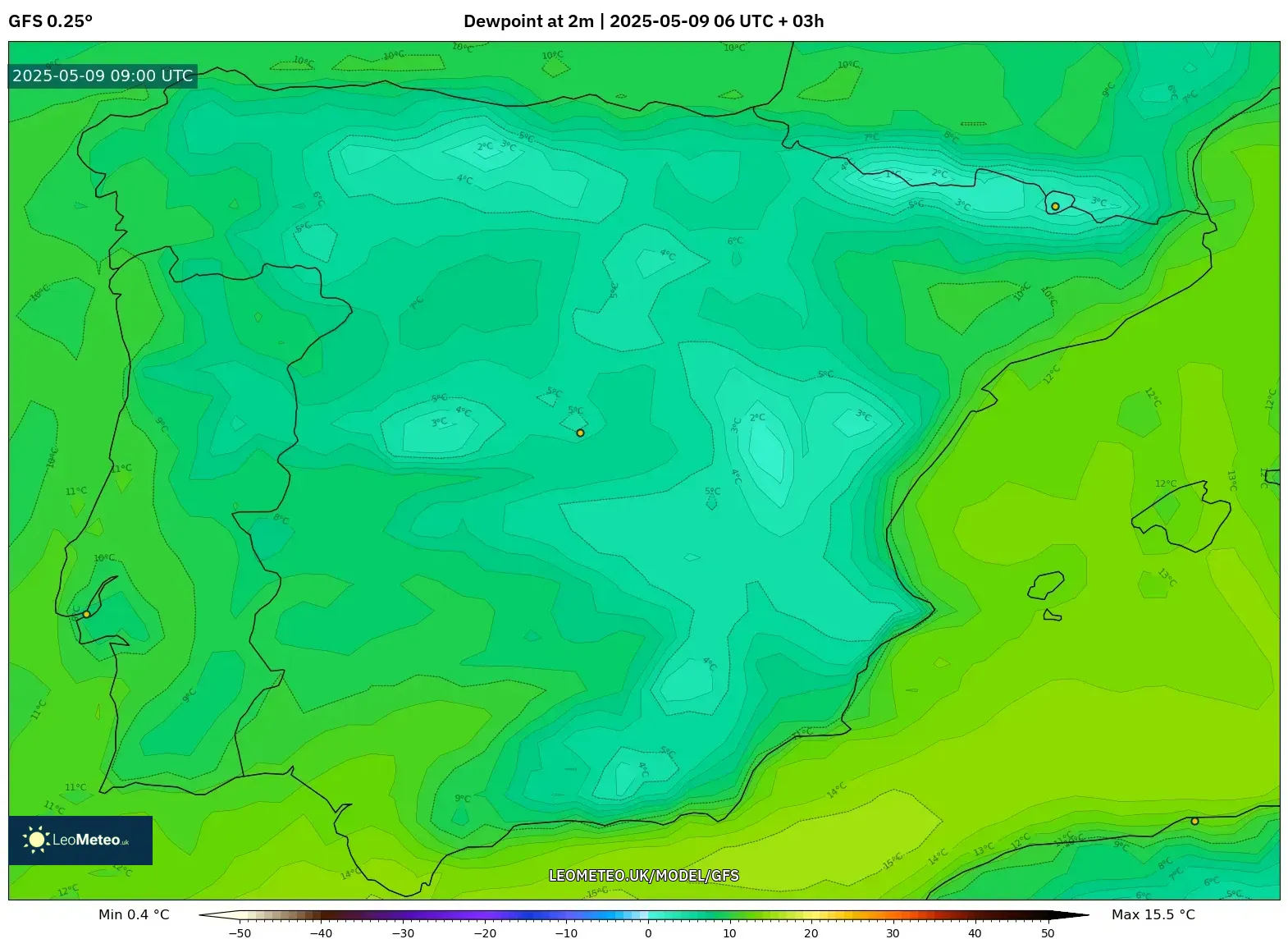 GFS - Spain, Dewpoint at 2m GFS - Spain, Dewpoint at 2m