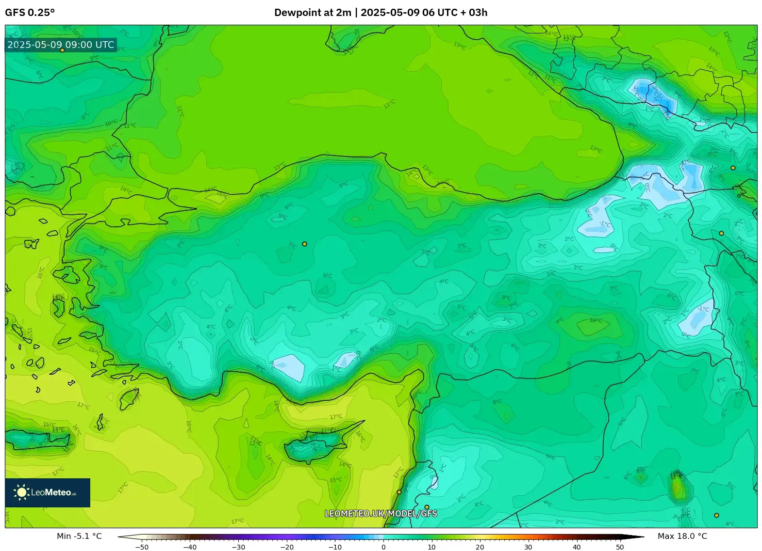GFS - Turkey, Dewpoint at 2m GFS - Turkey, Dewpoint at 2m