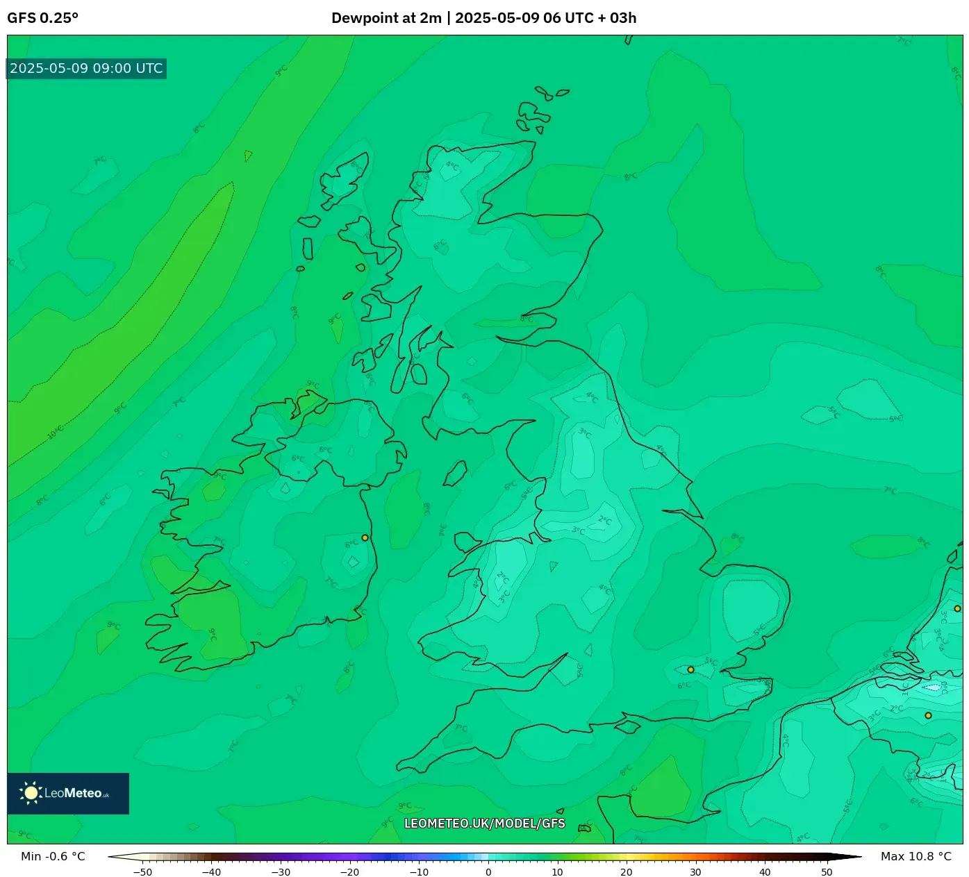 GFS - United Kingdom, Dewpoint at 2m GFS - United Kingdom, Dewpoint at 2m