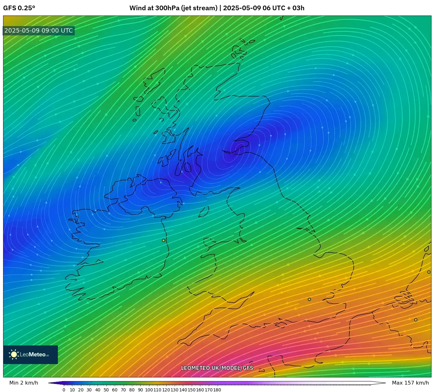 GFS - United Kingdom, Wind at 300hPa (jet stream) GFS - United Kingdom, Wind at 300hPa (jet stream)