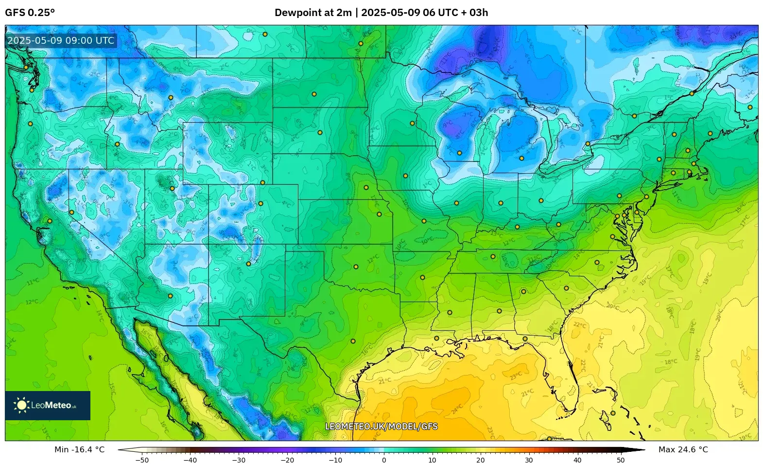 GFS - United States, Dewpoint at 2m GFS - United States, Dewpoint at 2m