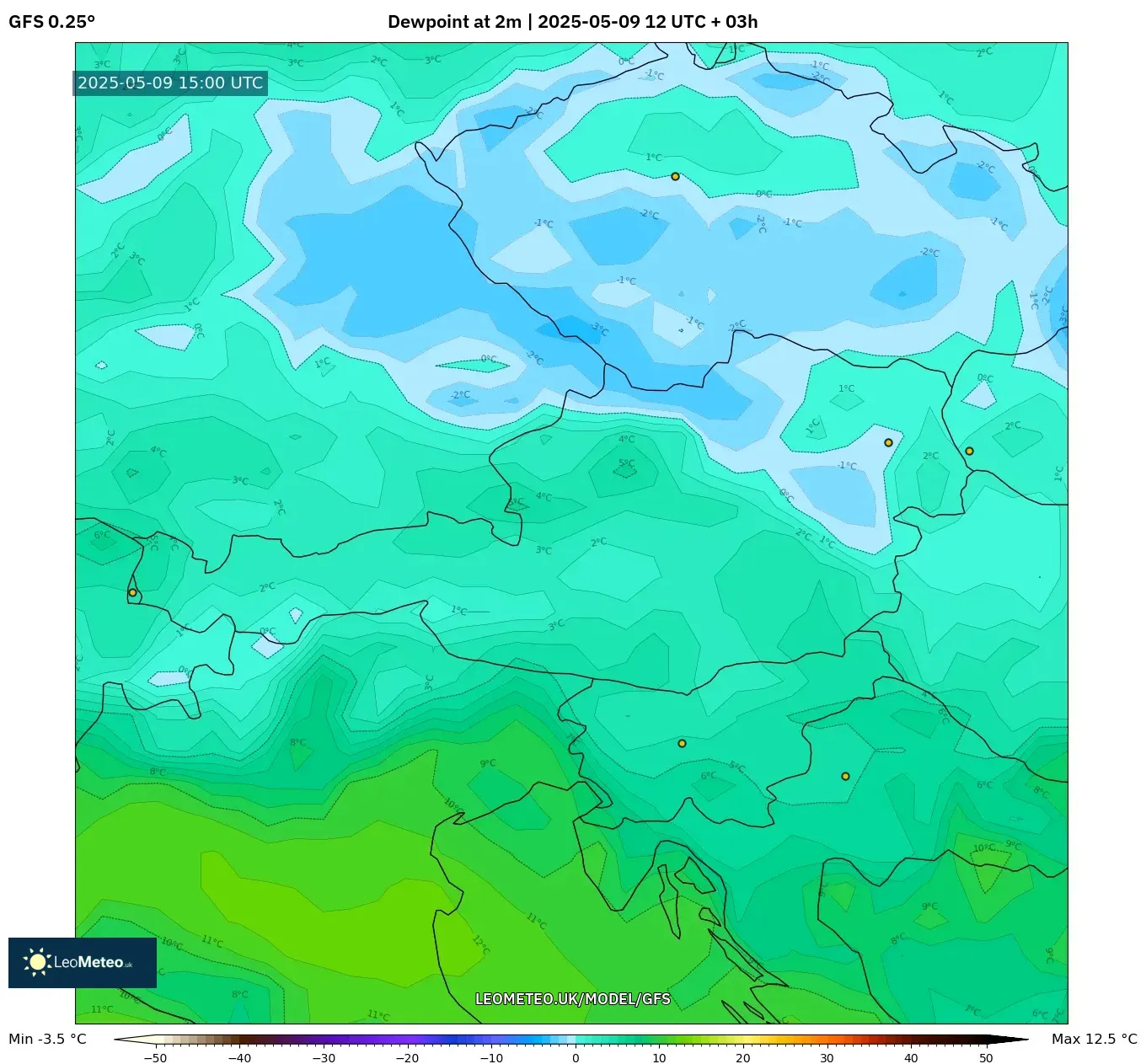 GFS - Austria, Dewpoint at 2m GFS - Austria, Dewpoint at 2m