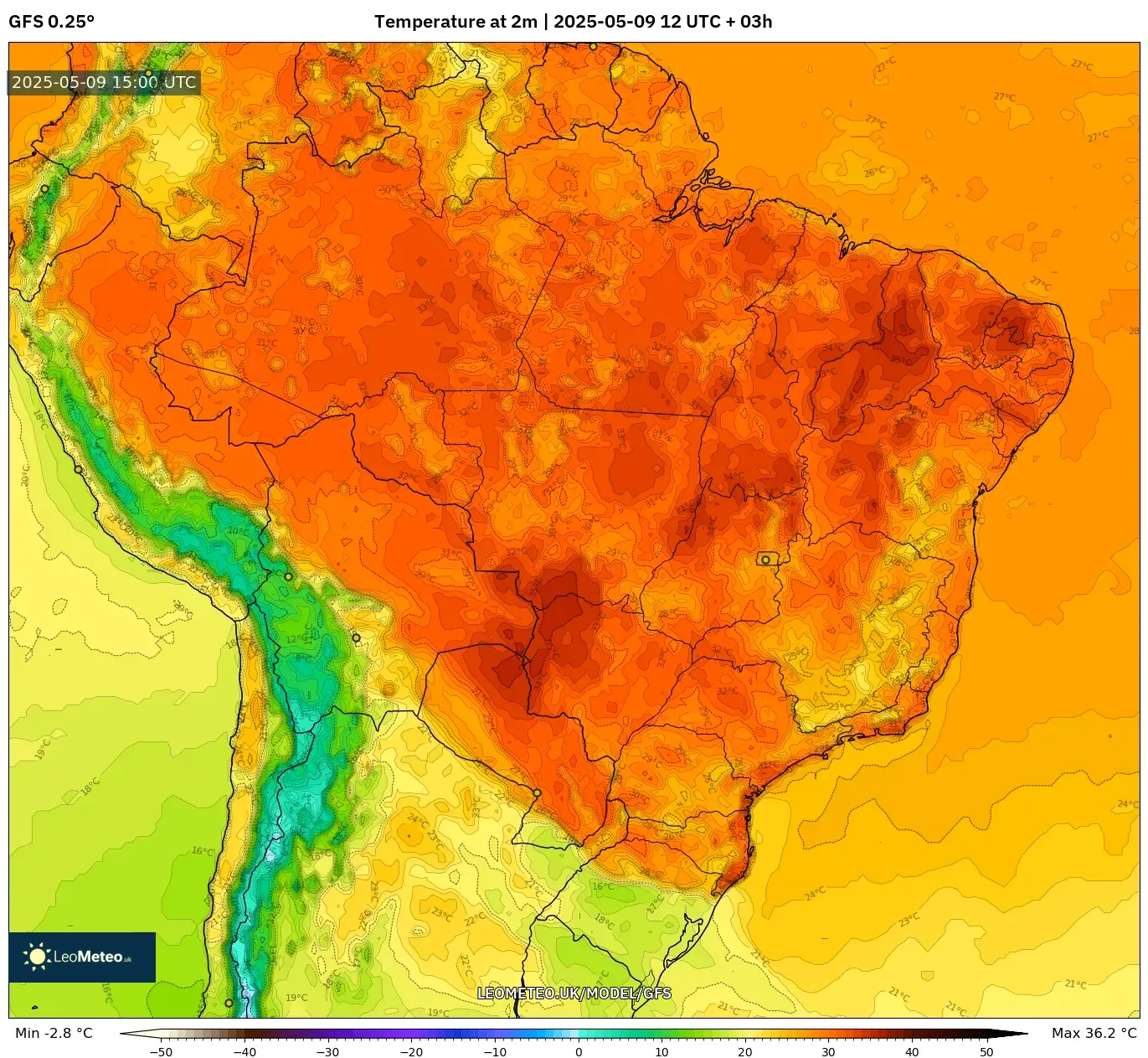 GFS - Brazil, Temperature at 2m GFS - Brazil, Temperature at 2m