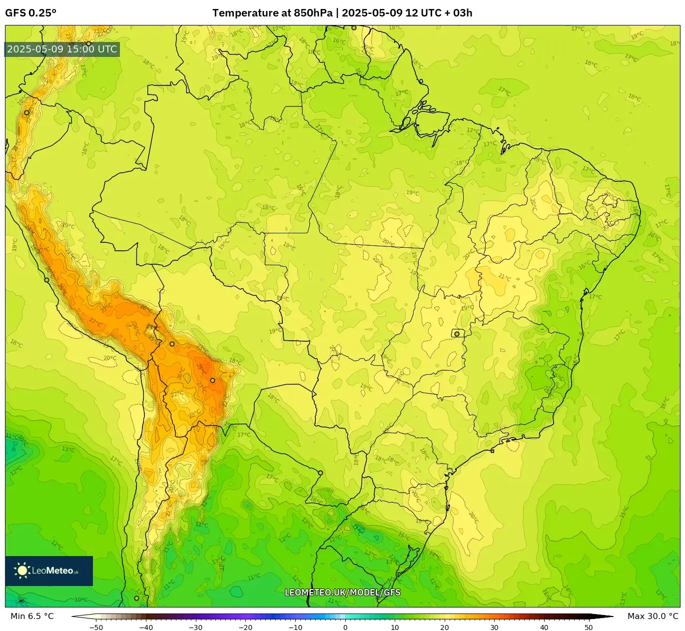GFS - Brazil, Temperature at 850hPa GFS - Brazil, Temperature at 850hPa