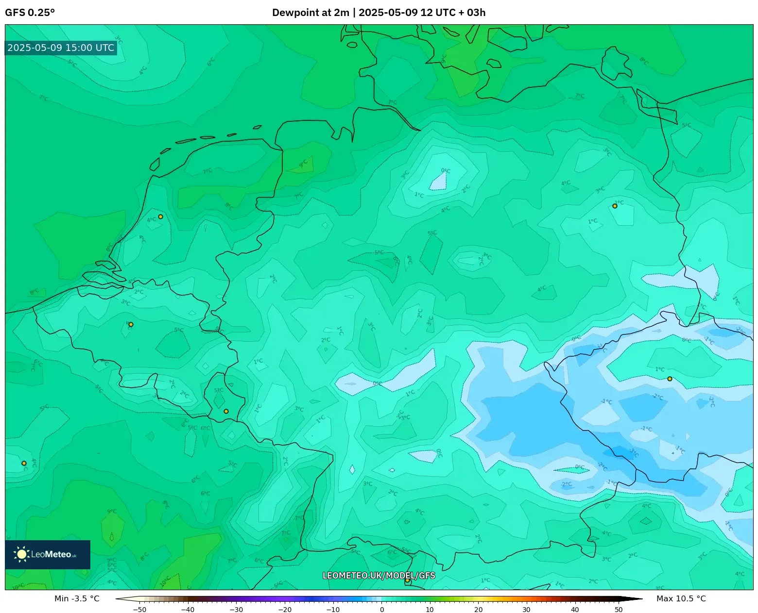 GFS - Germany, Dewpoint at 2m GFS - Germany, Dewpoint at 2m