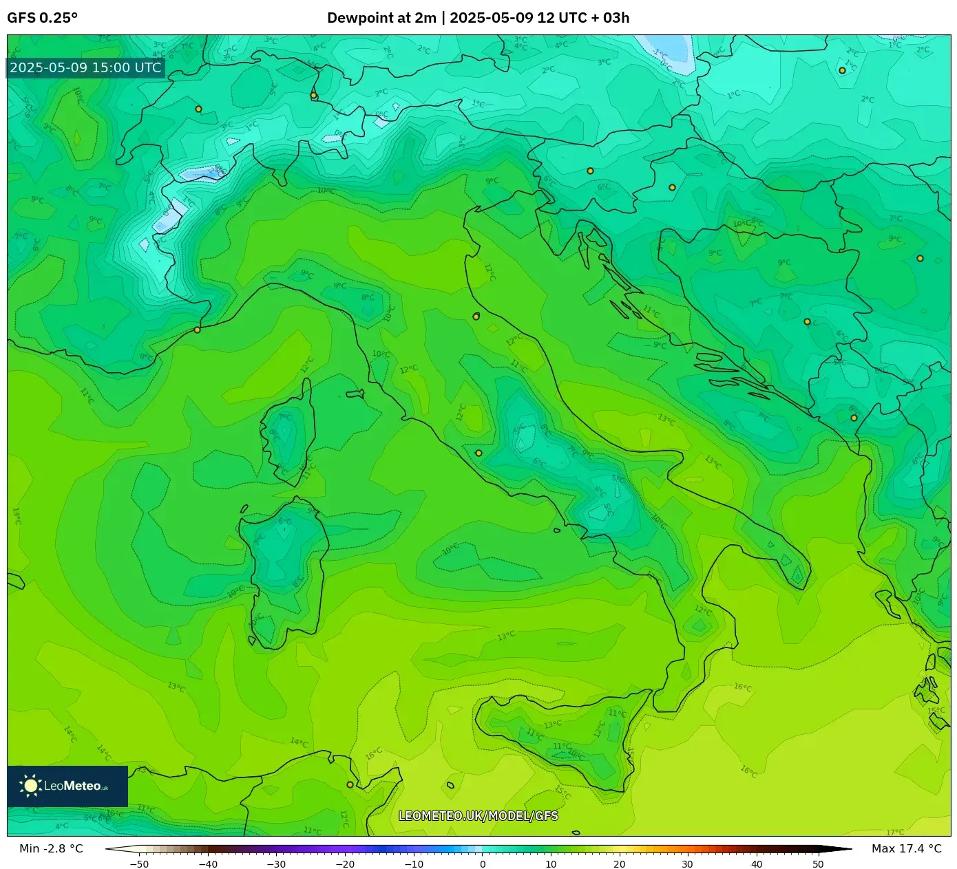 GFS - Italy, Dewpoint at 2m GFS - Italy, Dewpoint at 2m