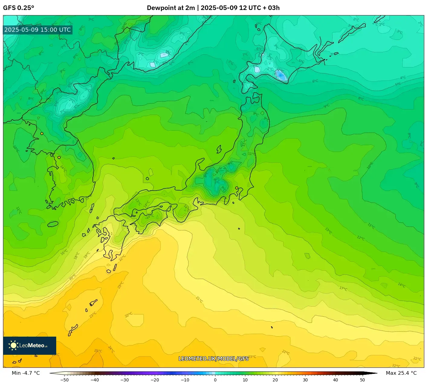 GFS - Japan, Dewpoint at 2m GFS - Japan, Dewpoint at 2m