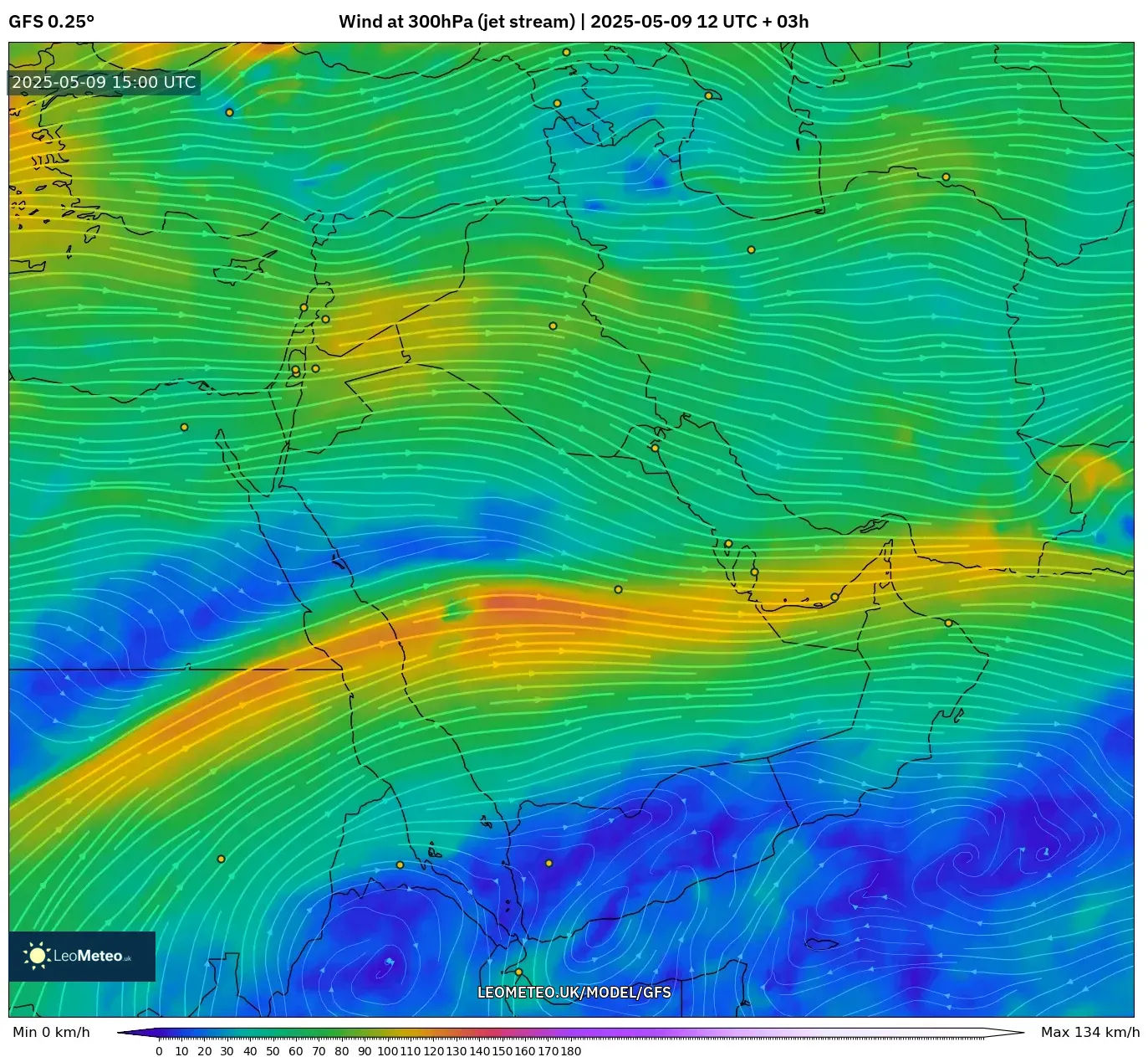 GFS - Middle East, Wind at 300hPa (jet stream) GFS - Middle East, Wind at 300hPa (jet stream)