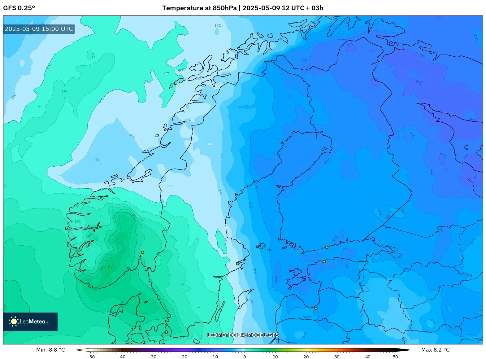 GFS - Scandinavia, Temperature at 850hPa GFS - Scandinavia, Temperature at 850hPa