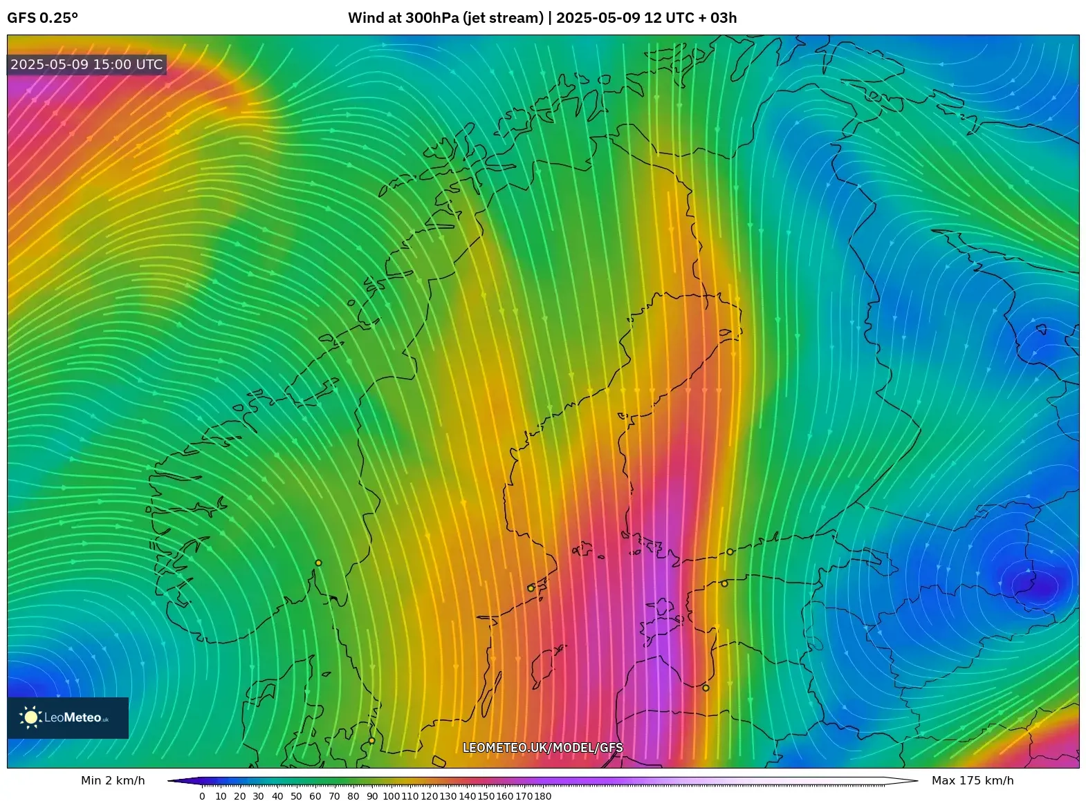 GFS - Scandinavia, Wind at 300hPa (jet stream) GFS - Scandinavia, Wind at 300hPa (jet stream)