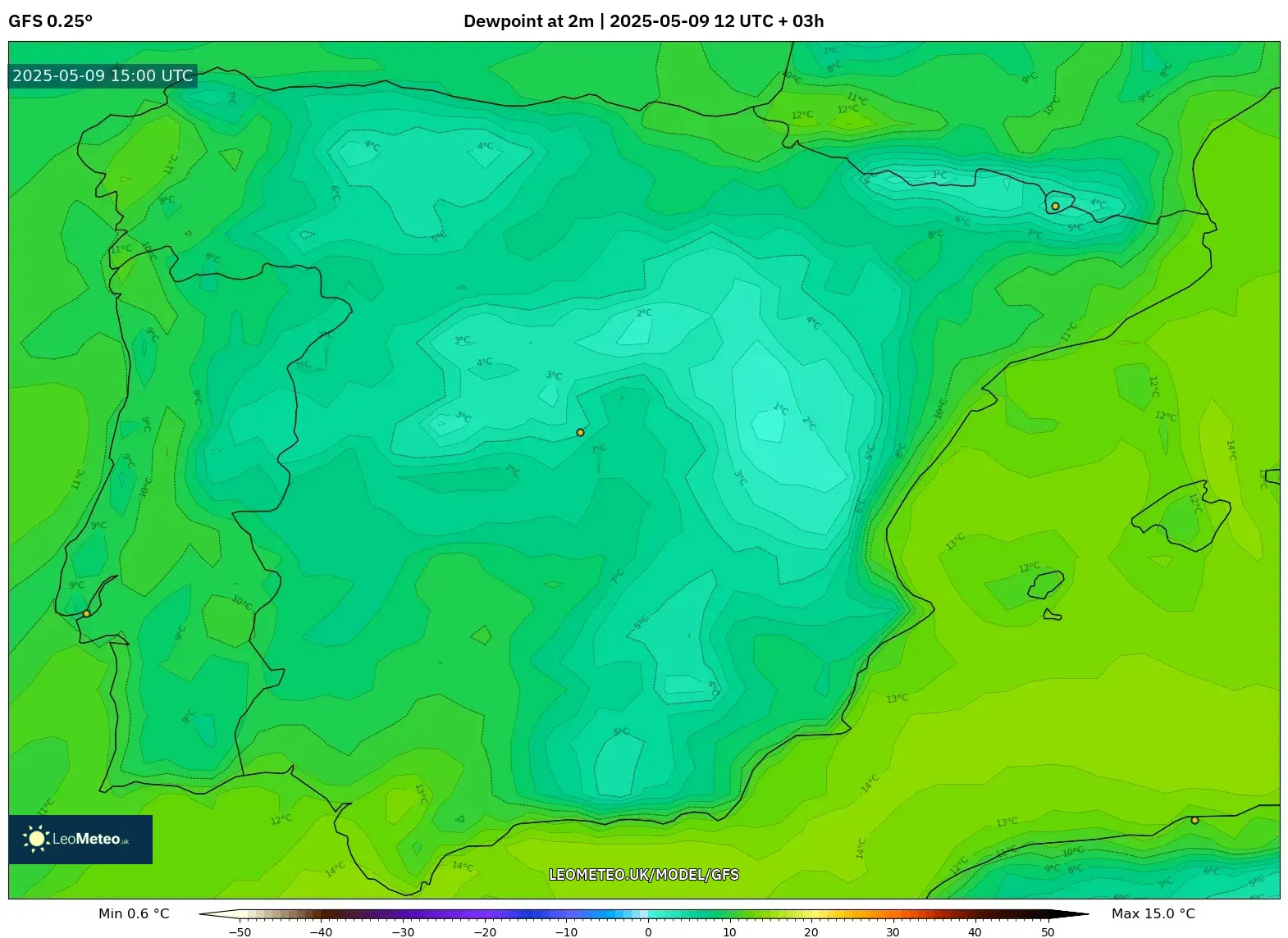 GFS - Spain, Dewpoint at 2m GFS - Spain, Dewpoint at 2m