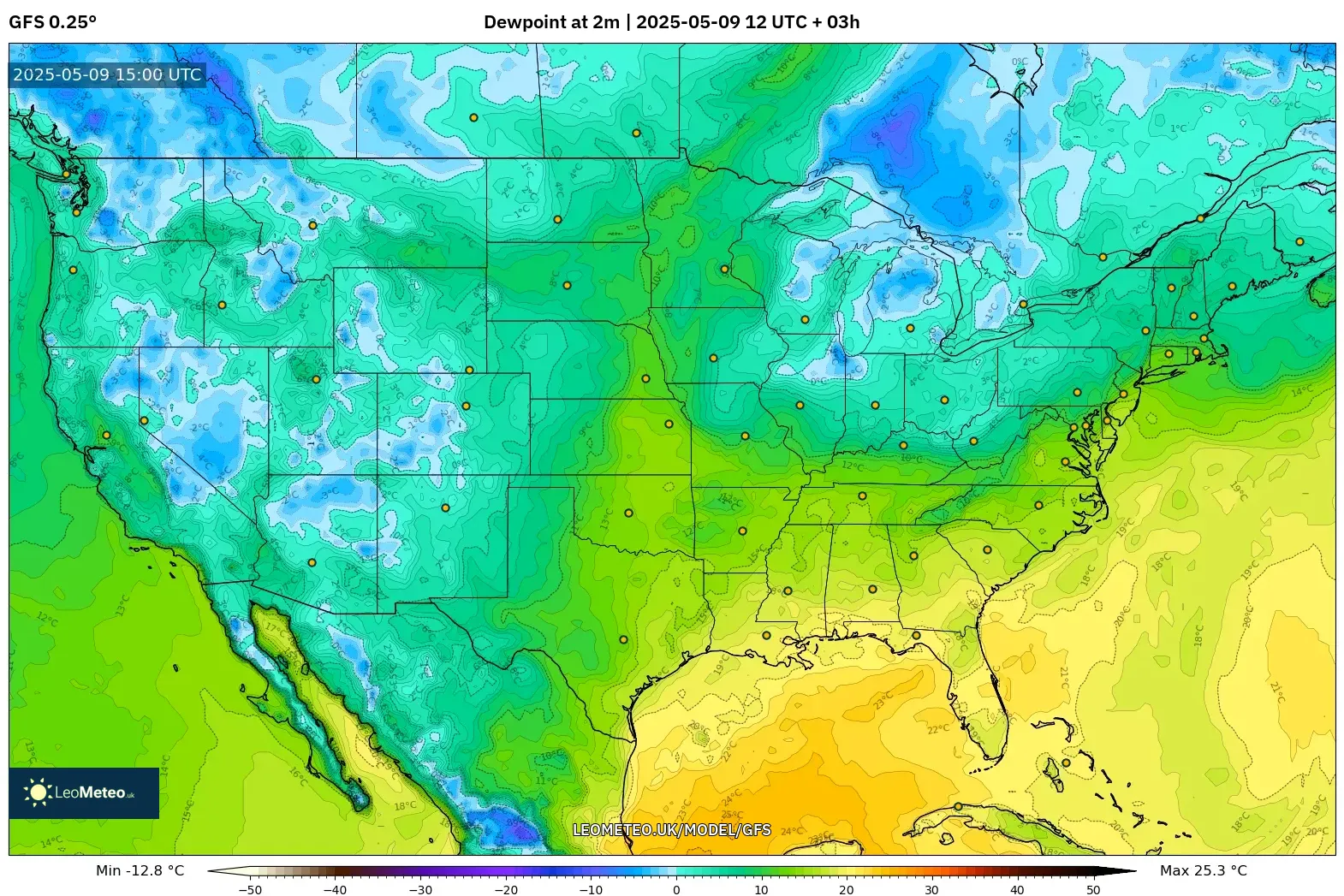 GFS - United States, Dewpoint at 2m GFS - United States, Dewpoint at 2m