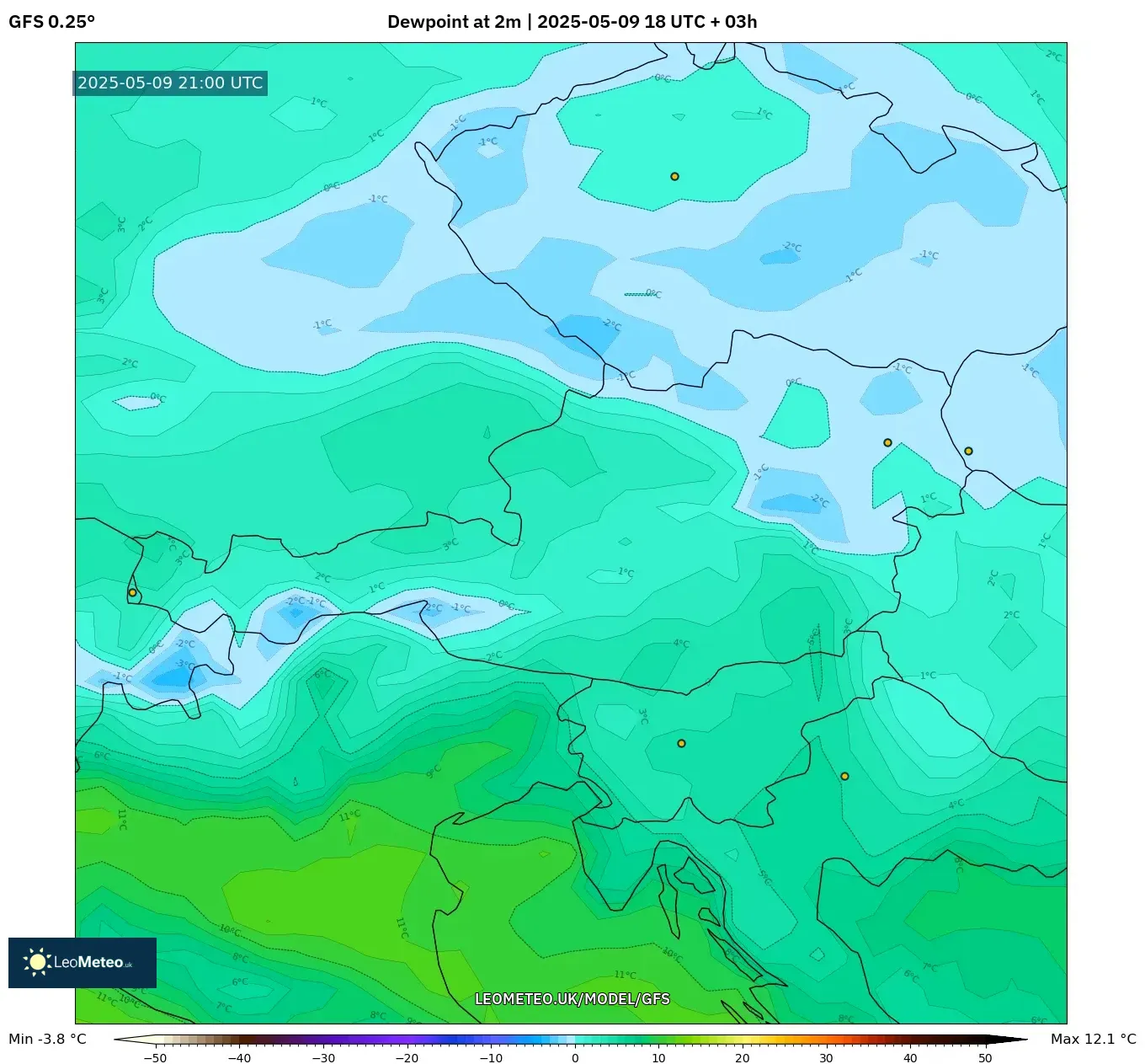 GFS - Austria, Dewpoint at 2m GFS - Austria, Dewpoint at 2m