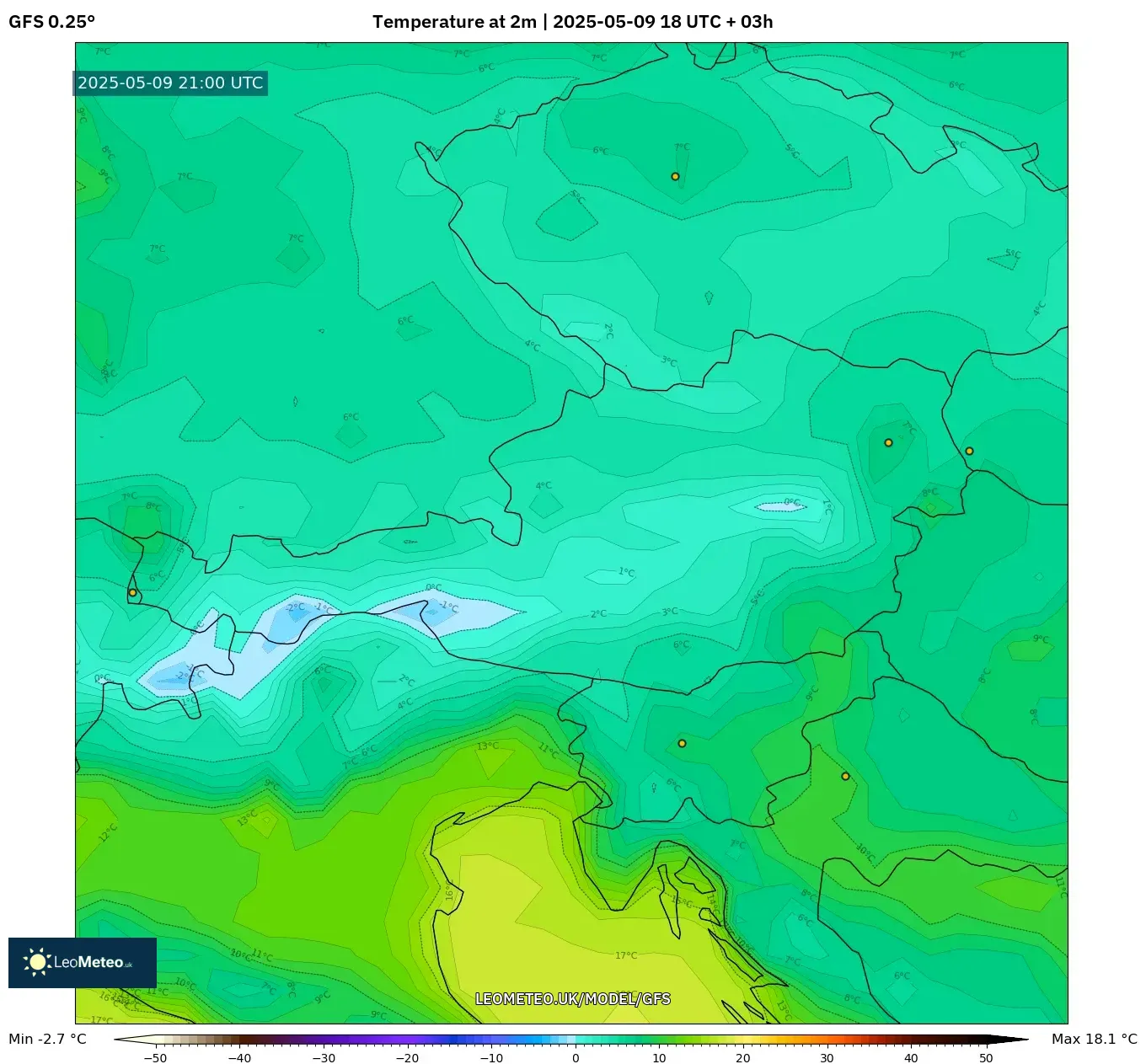 GFS - Austria, Temperature at 2m GFS - Austria, Temperature at 2m